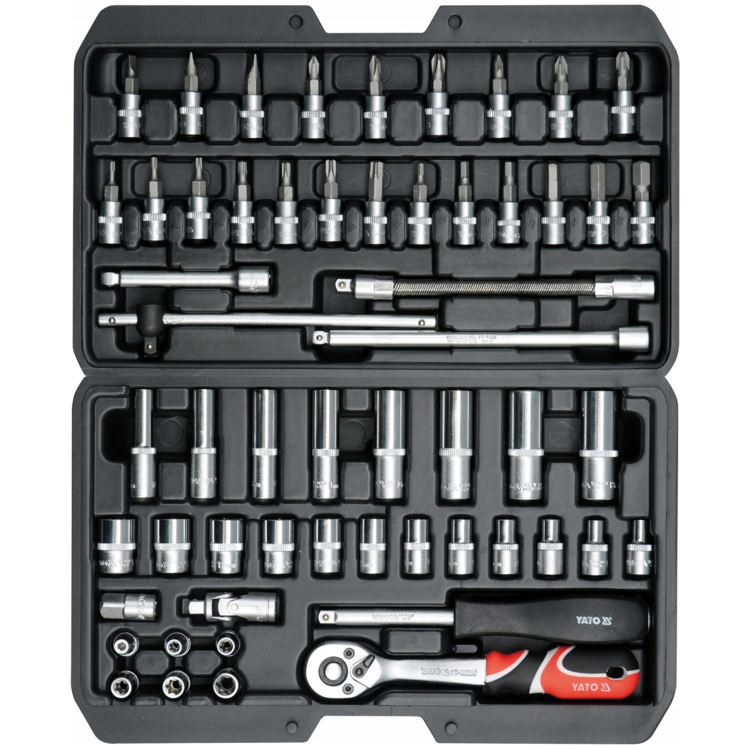Yato Bit- und Steckschlüsselset YT-14501 56-teiliges Steckschlüssel-Werkzeugset, Steckschlüsseleinsätze mit AS-Drive-System, im Koffer