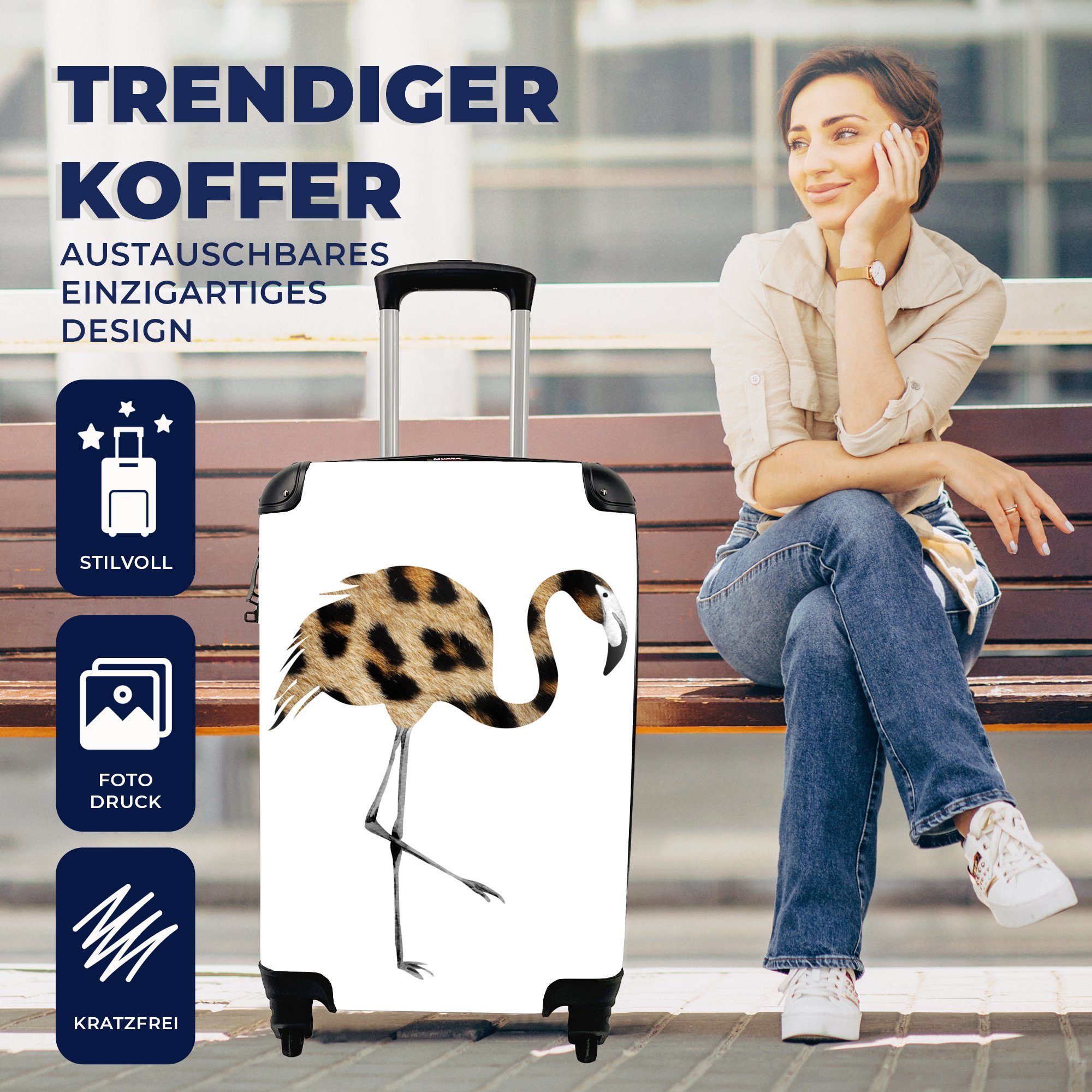 MuchoWow Handgepäckkoffer Flamingo - Pantherdruck - Trolley, Reisekoffer Reisetasche Ferien, 4 Rollen, mit rollen, für Tier, Handgepäck