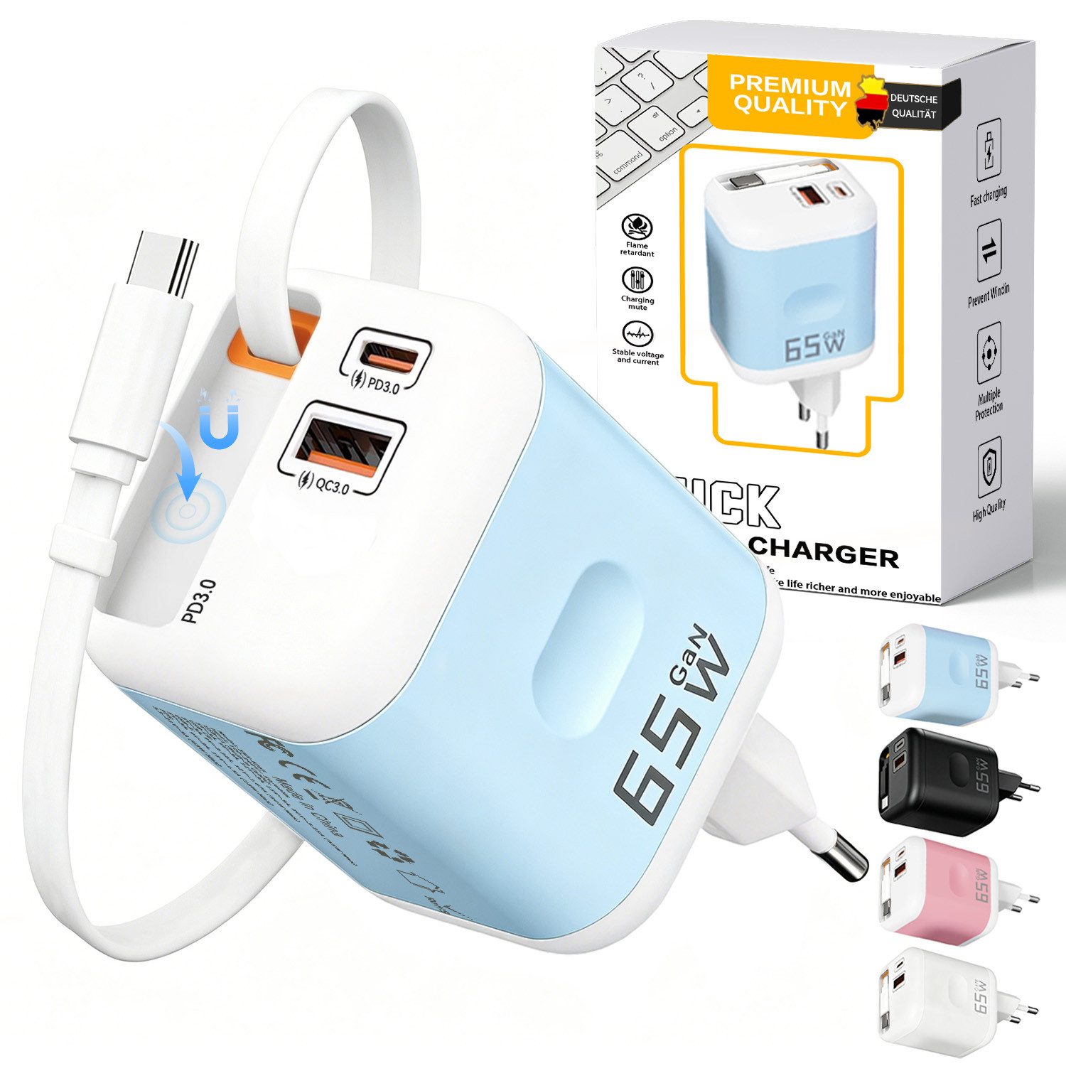 SWGOTA 2026 Neues 65W GaN 3-Port USB C Ladegerät mit Einziehbarem Kabel USB-Ladegerät (65W Schnellladegerät, 3-in-1 USB Netzteil, PD 3.0 Power Adapter, Unterstützt Super Fast Charging bei Einzelportnutzung)