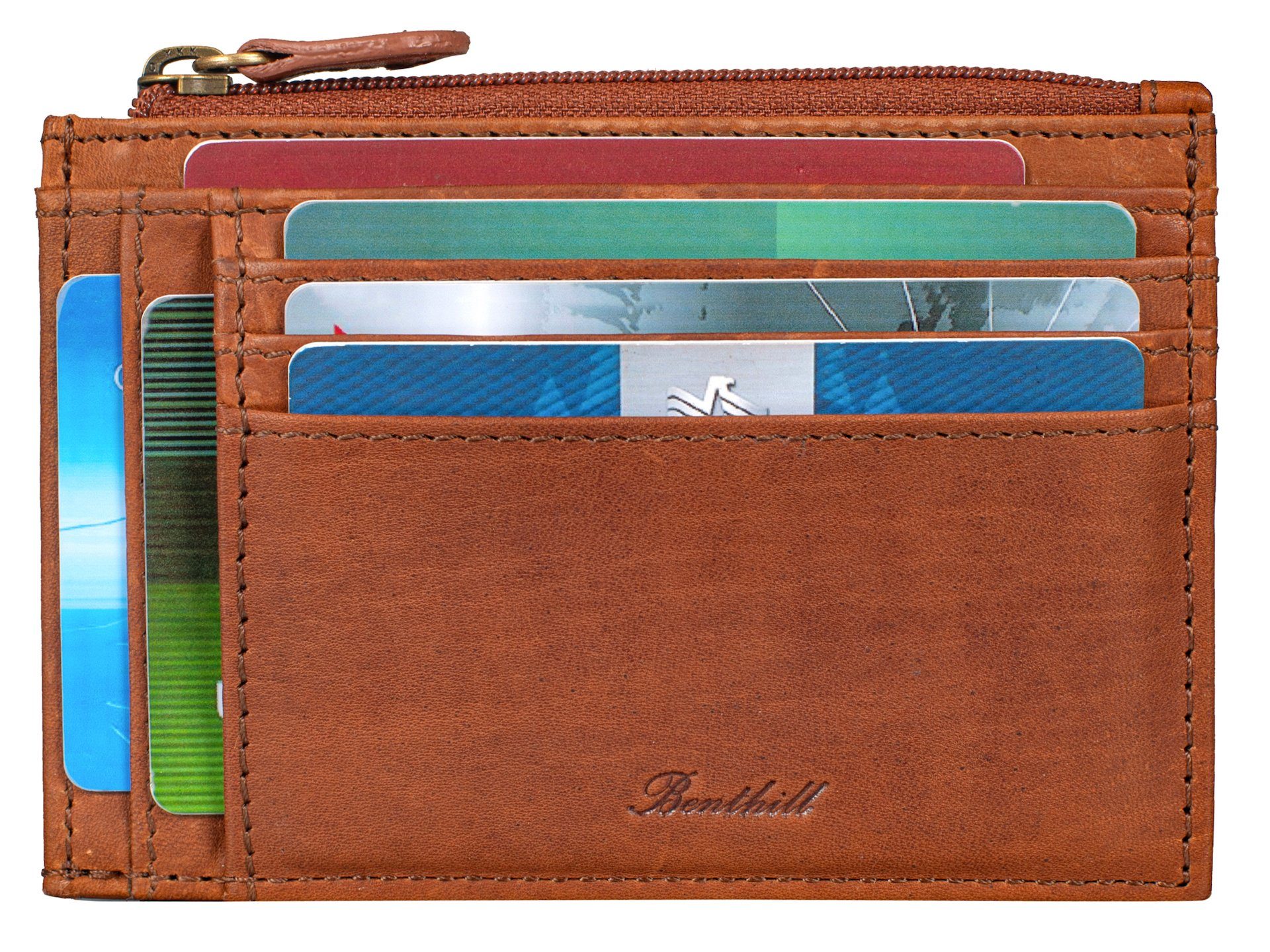 Braun Kartenetui Benthill Leder Mini Portemonnaie Echt RFID-Schutz Slim Wallet, Münzfach Kartenfächer Geldbörse Reißverschlussfach Kreditkartenetui