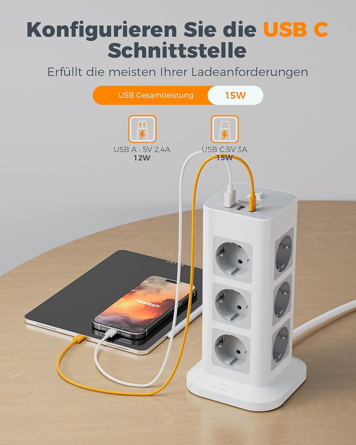 TESSAN 12 Fach Mehrfachsteckdose 3 USB Steckdosenleiste Kabel 2m Mehrfachsteckdose 12-fach (USB-Anschlüsse, Ein- / Ausschalter, Kabellänge 2 m)