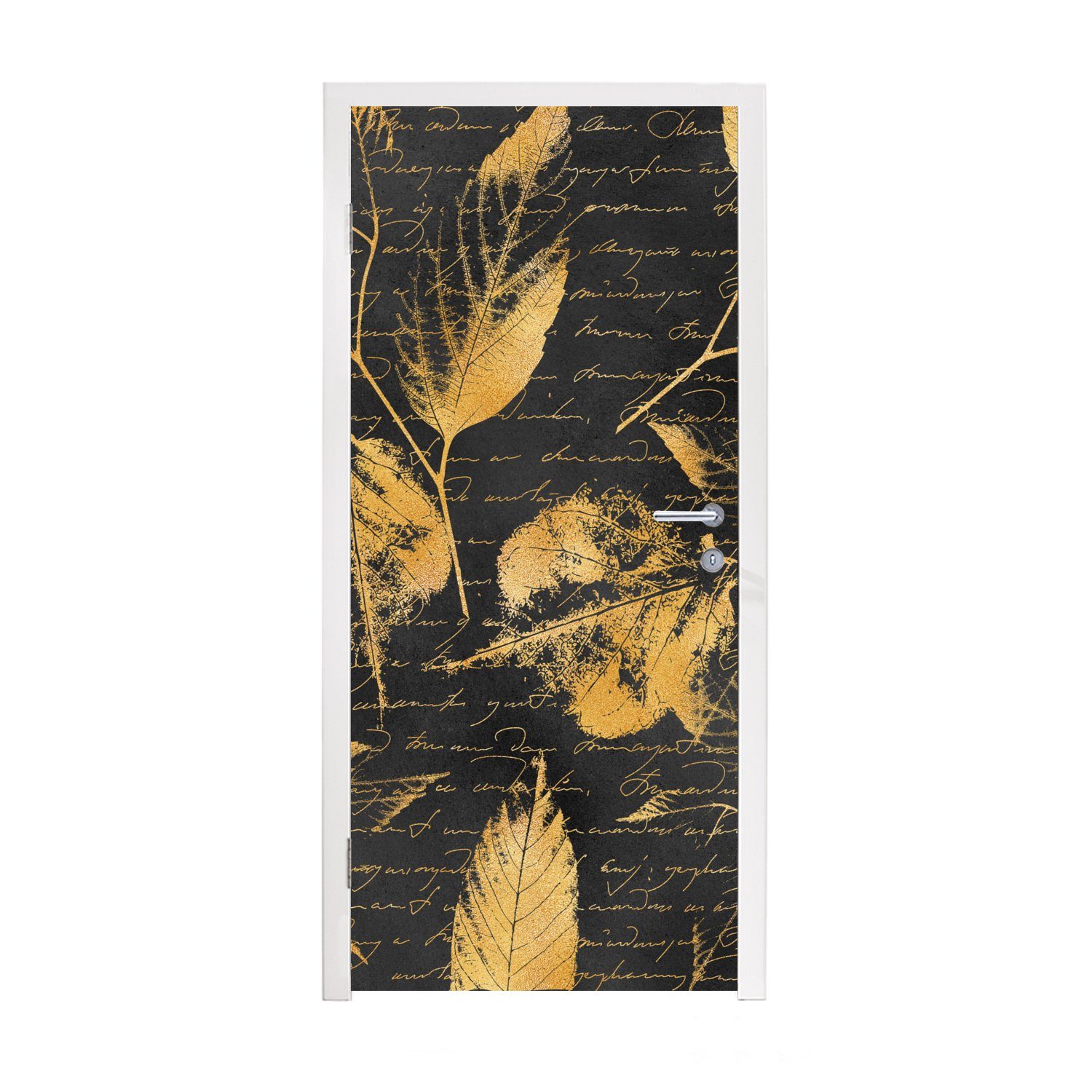 MuchoWow Türtapete Gold - bedruckt, Türaufkleber, Blätter 75x205 cm Fototapete (1 für Schwarz, Tür, - Matt, St)