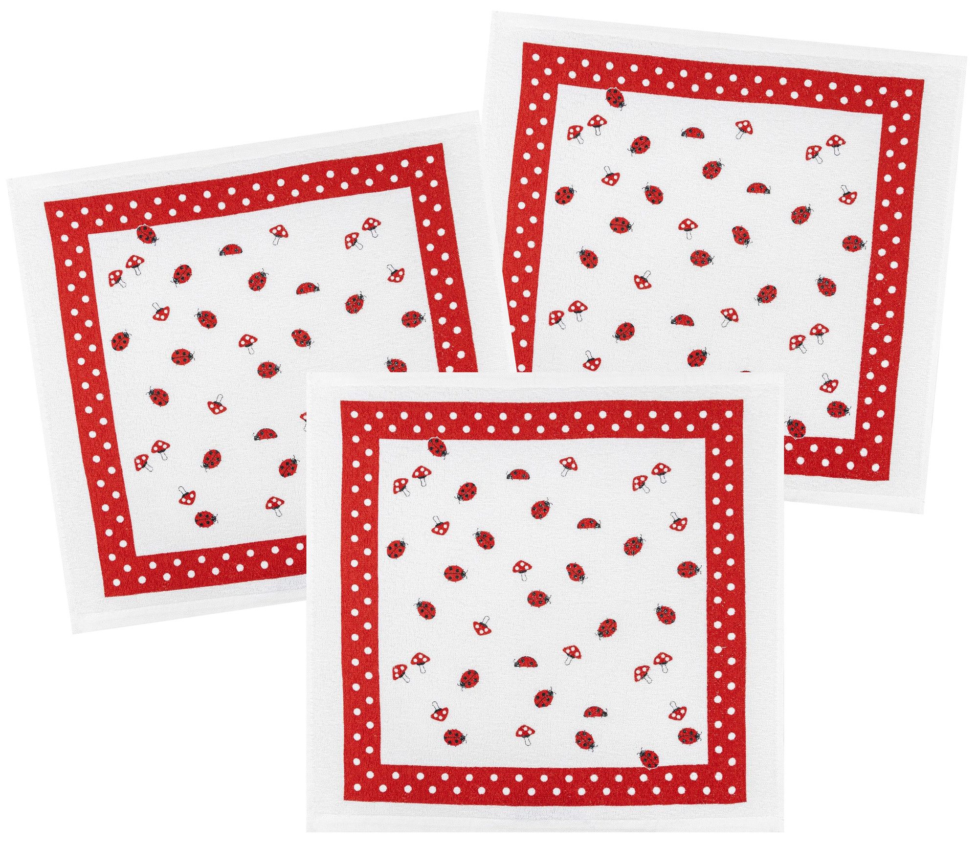 Kracht Geschirrtuch Marienkäfer-Pilze, (3-tlg., 3-teilig), 3er Pack Frottee Küchenhandtücher (3 Stück) ca.50x50cm 100% Baumwolle