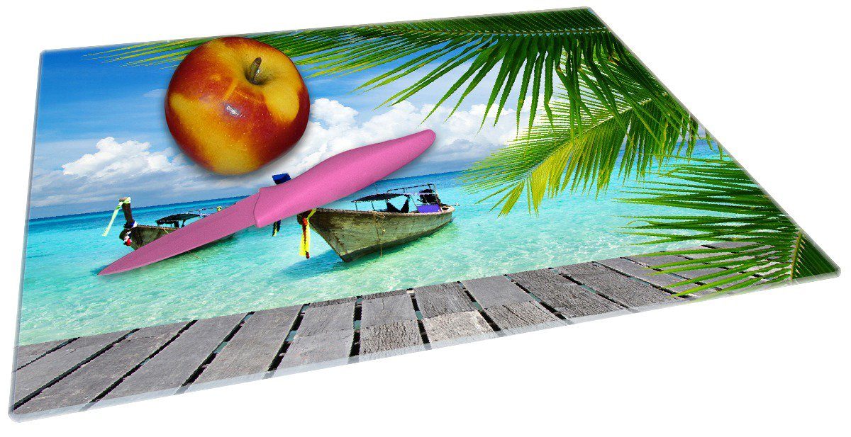 4mm, in ESG-Sicherheitsglas, Sonnenboot rutschfester Karibik, Schneidebrett (inkl. 30x40cm Wallario Gummifüße der 1-St),