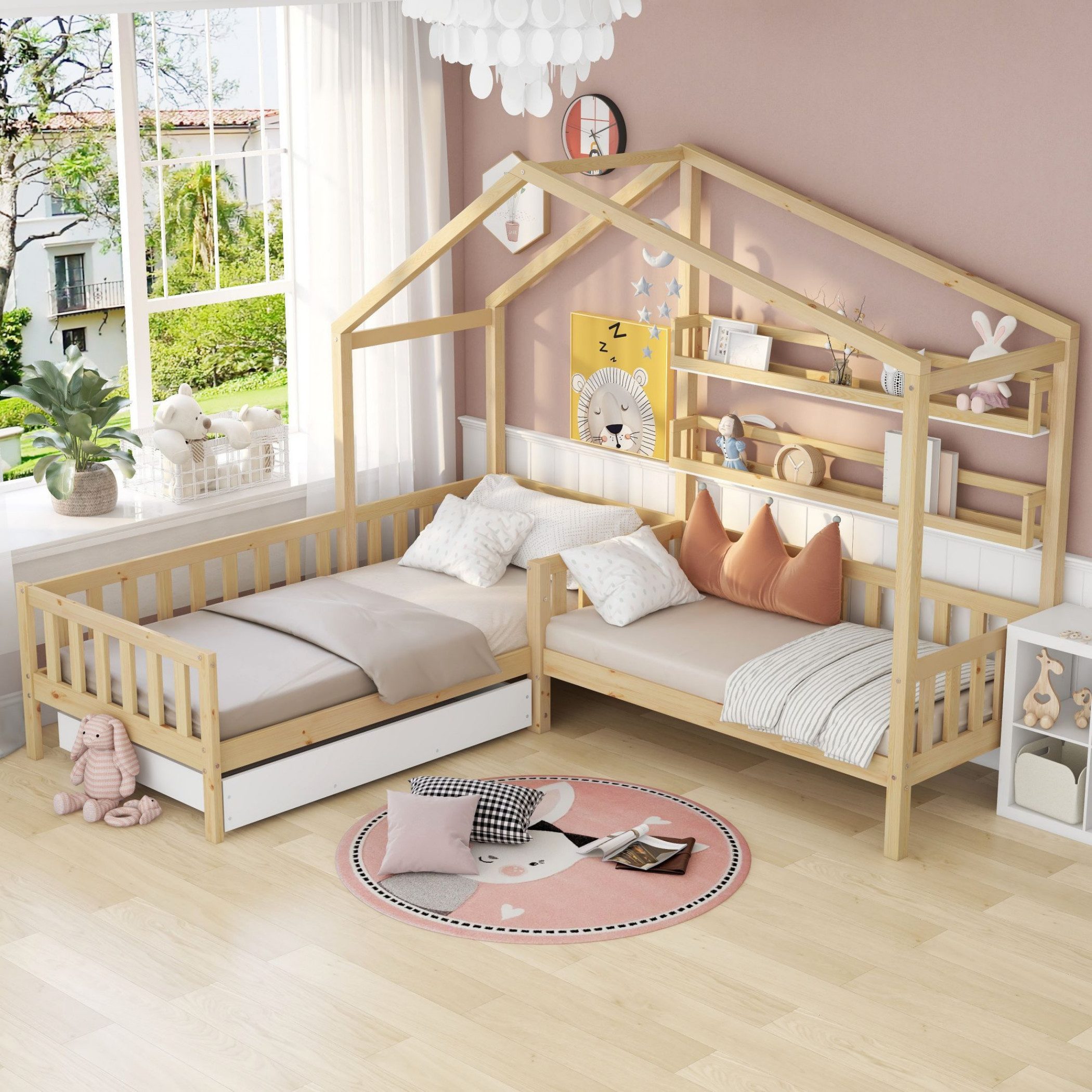 SeedWave Hausbett Kinderbett mit Schubladen und Regalen,Zwei Betten(200x90c günstig online kaufen