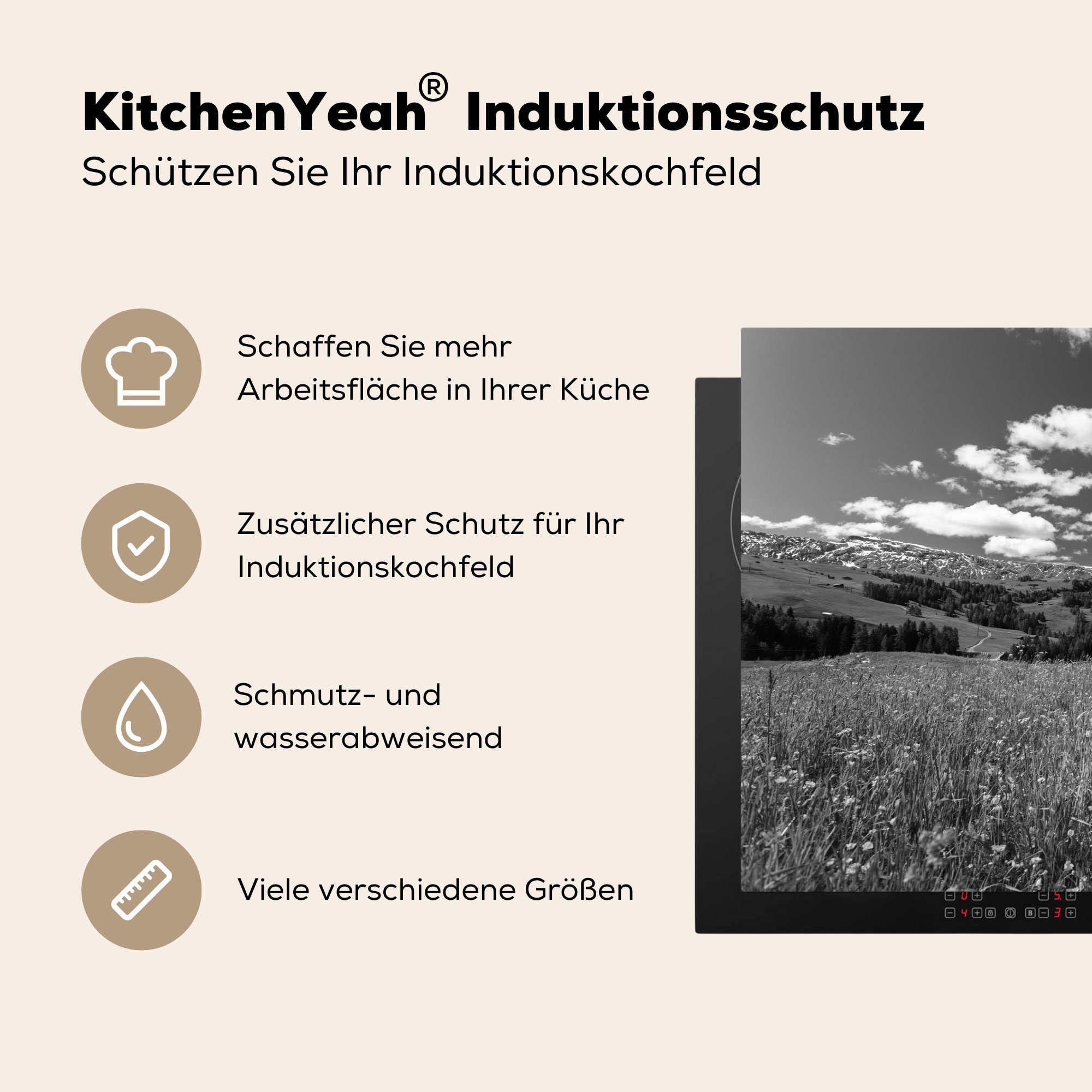 MuchoWow Herdblende-/Abdeckplatte Seiser Alm - Vinyl, (1 Schutz - Blumenfeld, und Induktionskochfeld weiß küche, Schwarz Ceranfeldabdeckung für die cm, 81x52 tlg)