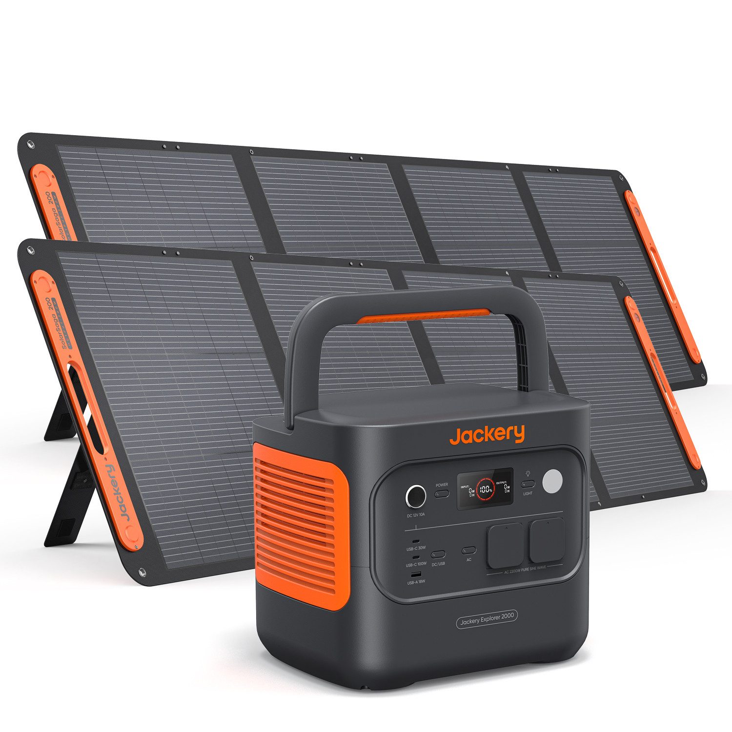 Jackery Solargenerator 2000 v2 tragbare Powerstation mit 2x200W Solarpanel, 2042Wh Solar Stomerzeuger mit 2200W Ausgang 45600 mAh (12, 230 V), LiFePO4 Batterie Schnellladung für Camping, Wohnmobil, Off-Grid