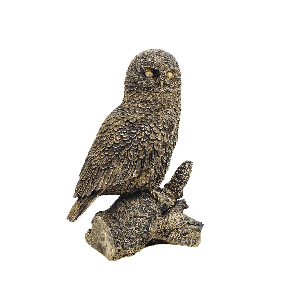 AFG Tierfigur Eule auf Ast sitzend Deco Gartenfigur Goldfarben aus Kunstharz groß