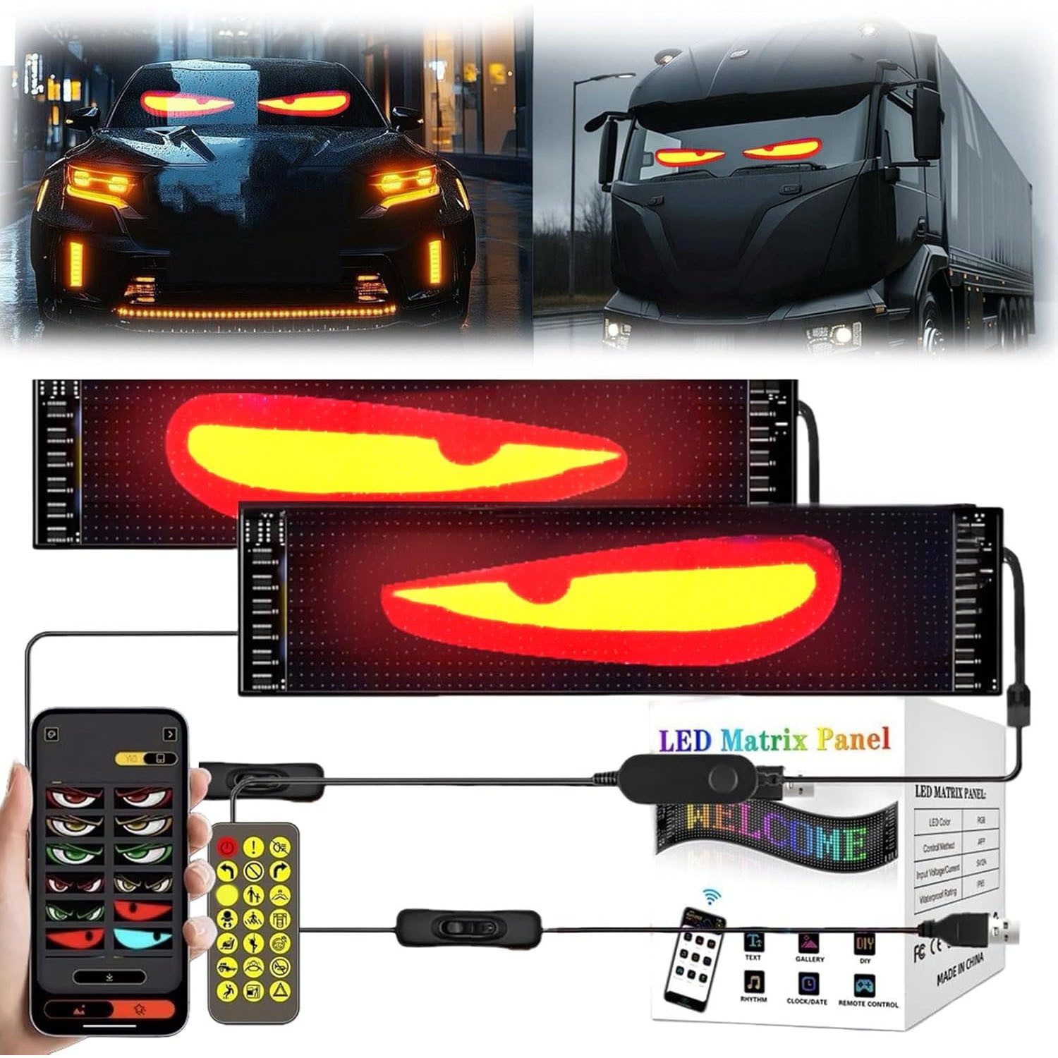JOYOLEDER LED Dekolicht 2X Scrolling LED Sign,Flexible Devil's Eye LED RGB Color Sign, Programmable LED Display,Bluetooth APP, DIY Edit Animations,Text, Graffiti