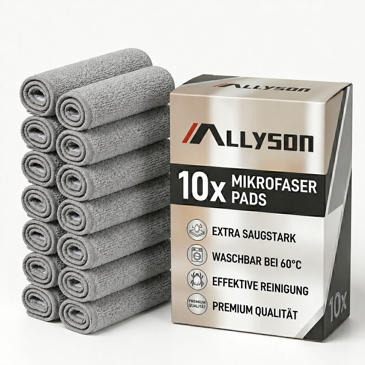 Allyson Putzeimer Bodenwischer Set mit Eimer, trennt Schmutz von Frischwasser, (Komplett-Set für alle Hartböden), 10x Mikrofaser Pads – Extra Saugstarke Ersatzbezüge für Bodenwischer