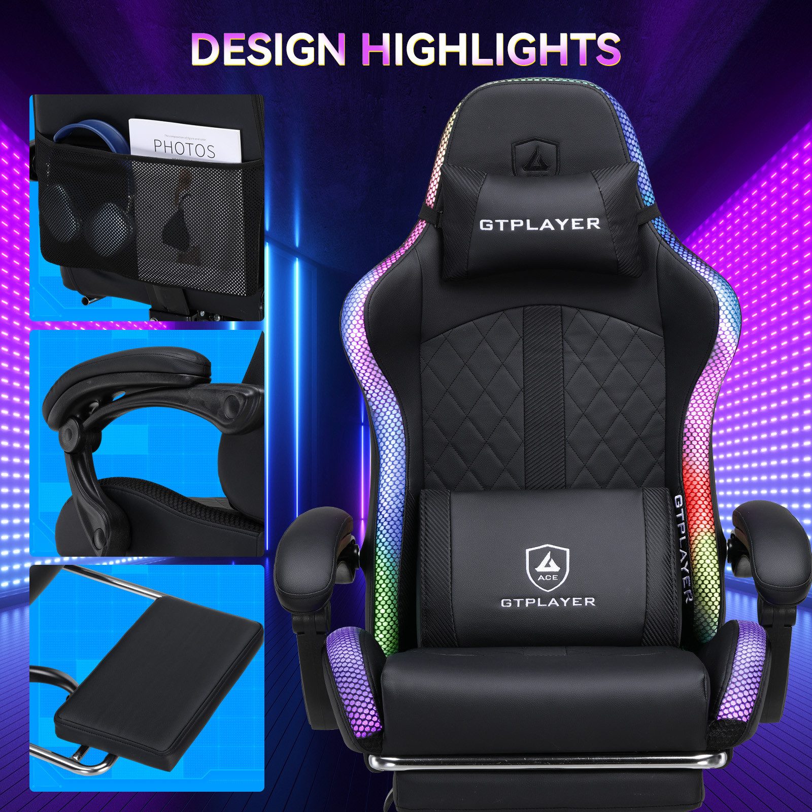 GTPLAYER Gaming-Stuhl Gaming Chair mit Lautsprecher und LED, Bürostuhl, Gamer Stuhl, Fernbedienung und APP-Steuerung, 150KG – Bild 4 von 5