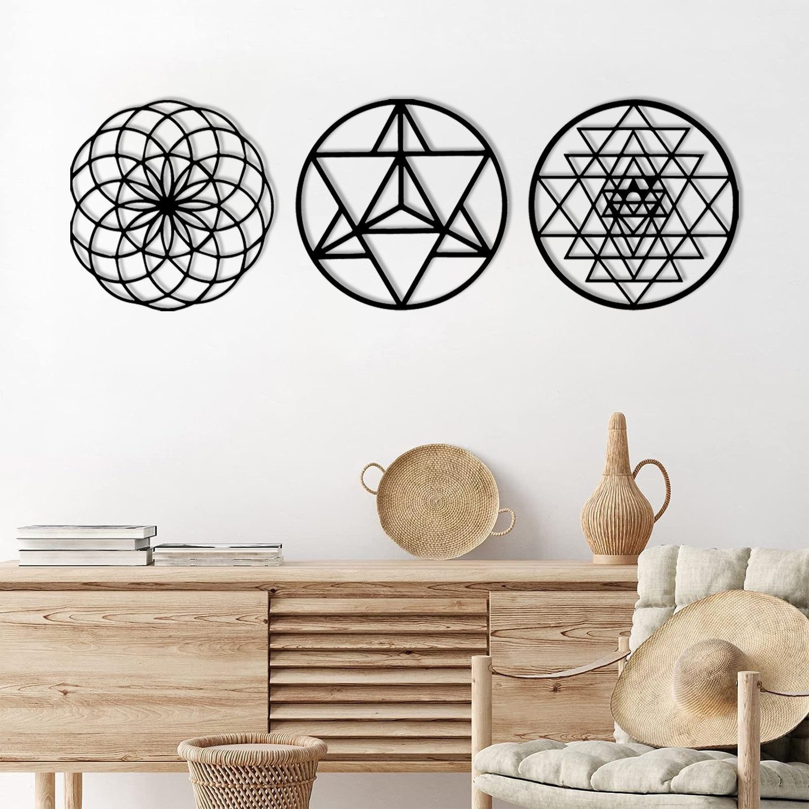 Jumpeak Wanddekoobjekt wanddekoration metall,Geometrische Ornamentik,Rundes,dreiteiliges Set, wanddekoration wohnzimmer,wall art,Abstrakte Kunst