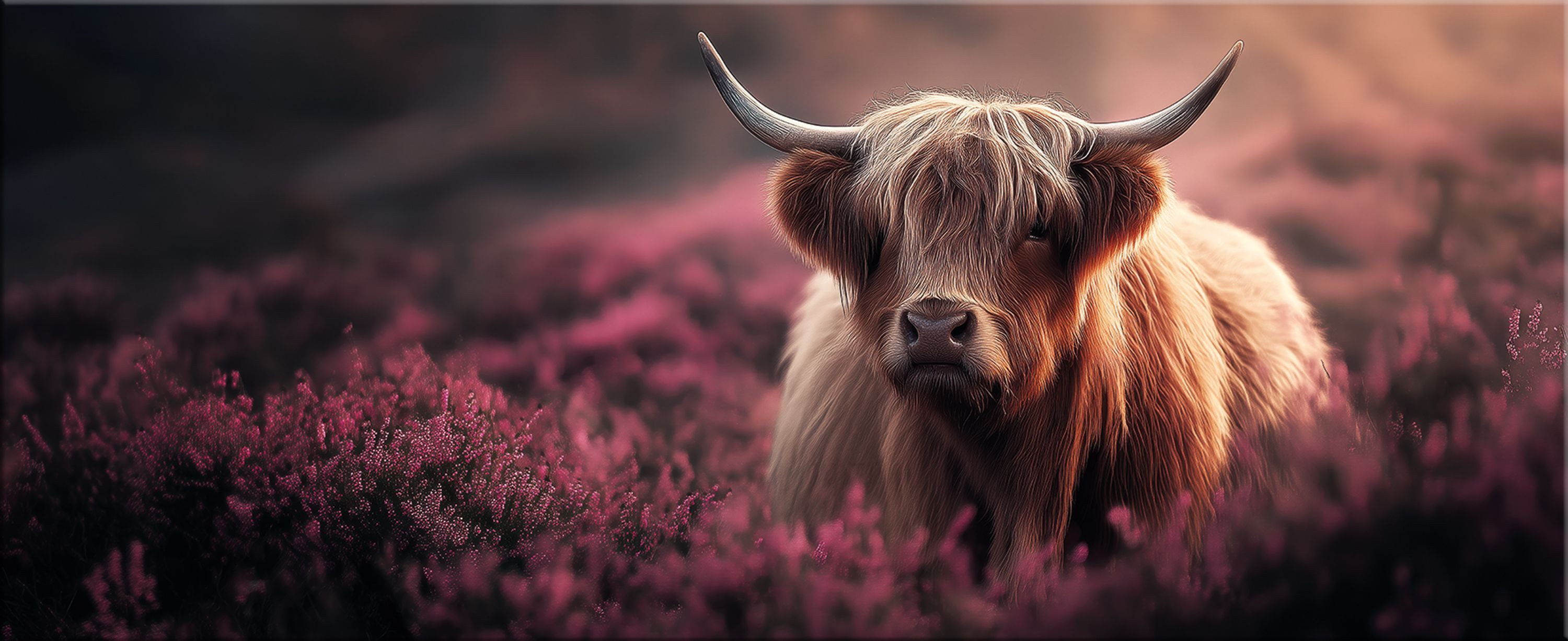 artissimo Glasbild XXL Bild aus Glas 125x50 cm / Panorama Wandbild groß / Wanddeko modern, Tiere: Highland Rind auf Blumewiese