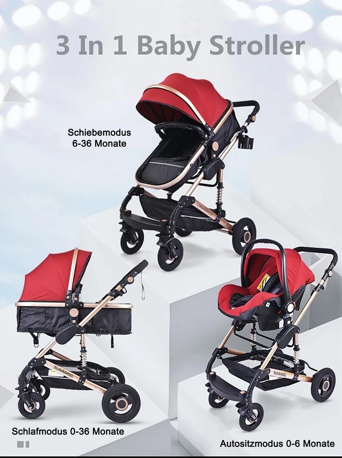 großem Buggy 3 inkl. Babyschale Getränkehalter in 5-Punkt-Sicherheitsgurt Moskitonetz, Baby Babywanne Zubehörset 1 Kinderwagen Kombi-Kinderwagen Grau TPFLiving