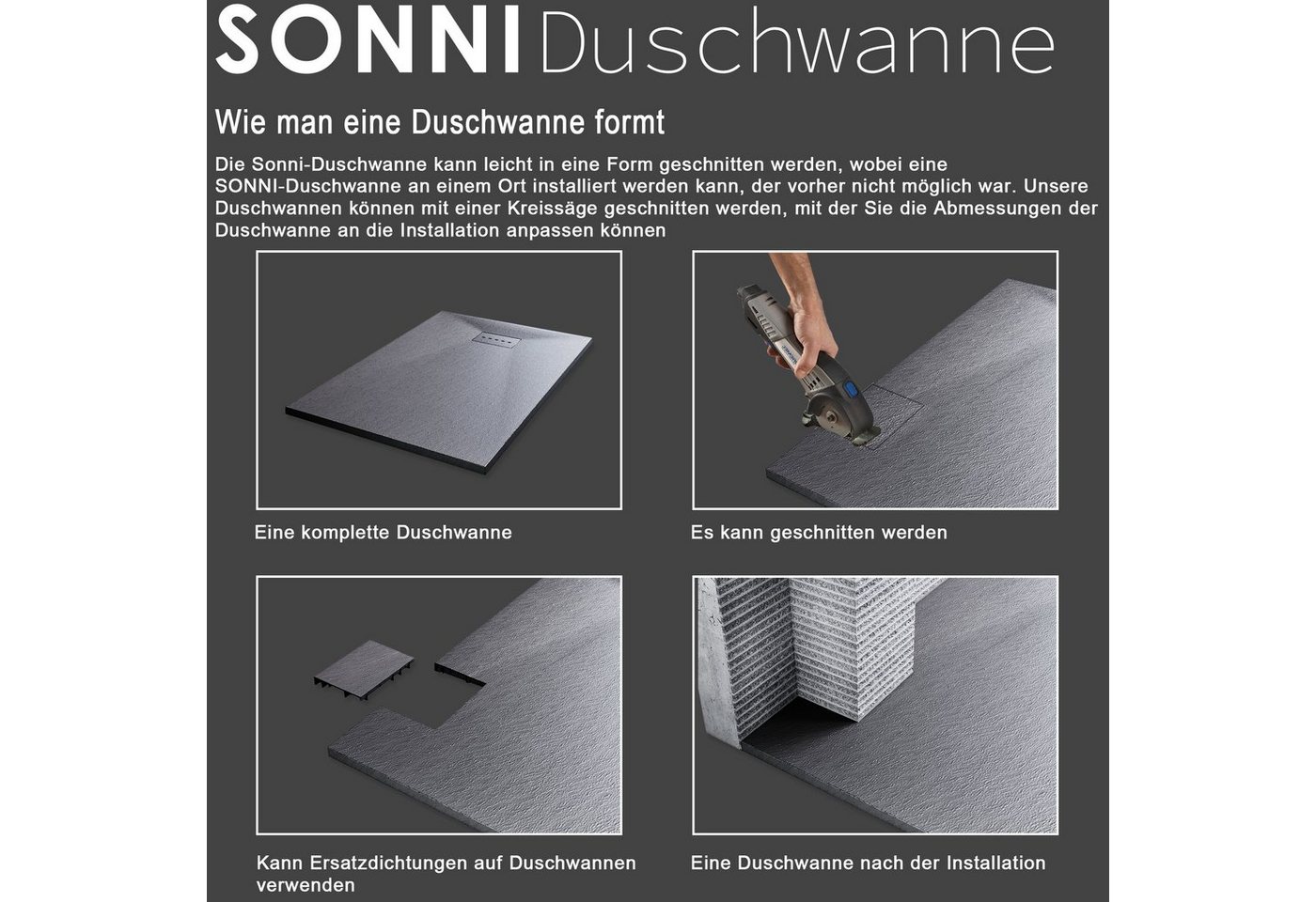 Thumbnail - SONNI Duschwanne SMC Duschtasse,Grau,Superflach,mit Ablaufgarnitur,Für Duschkabine, quadratisch, SMC, Set