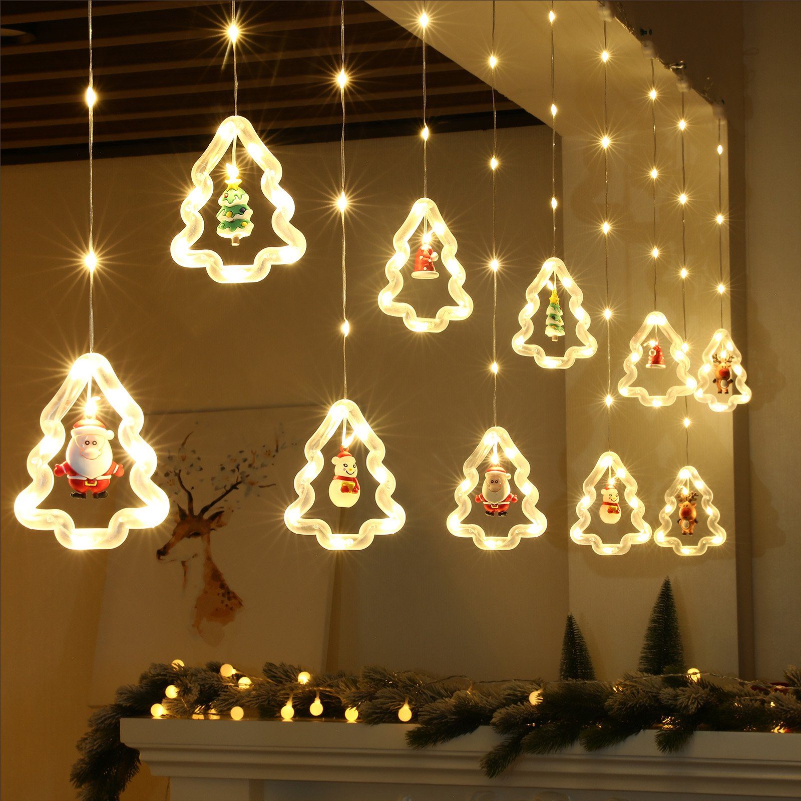 Rosnek LED-Lichtervorhang 3M, 8 Modi, USB / Batterie, für Fenster Vorhang Schlafzimmer Deko, Fernbedienung; mit hängenden Ornamenten und Haken; Weihnachten Deko