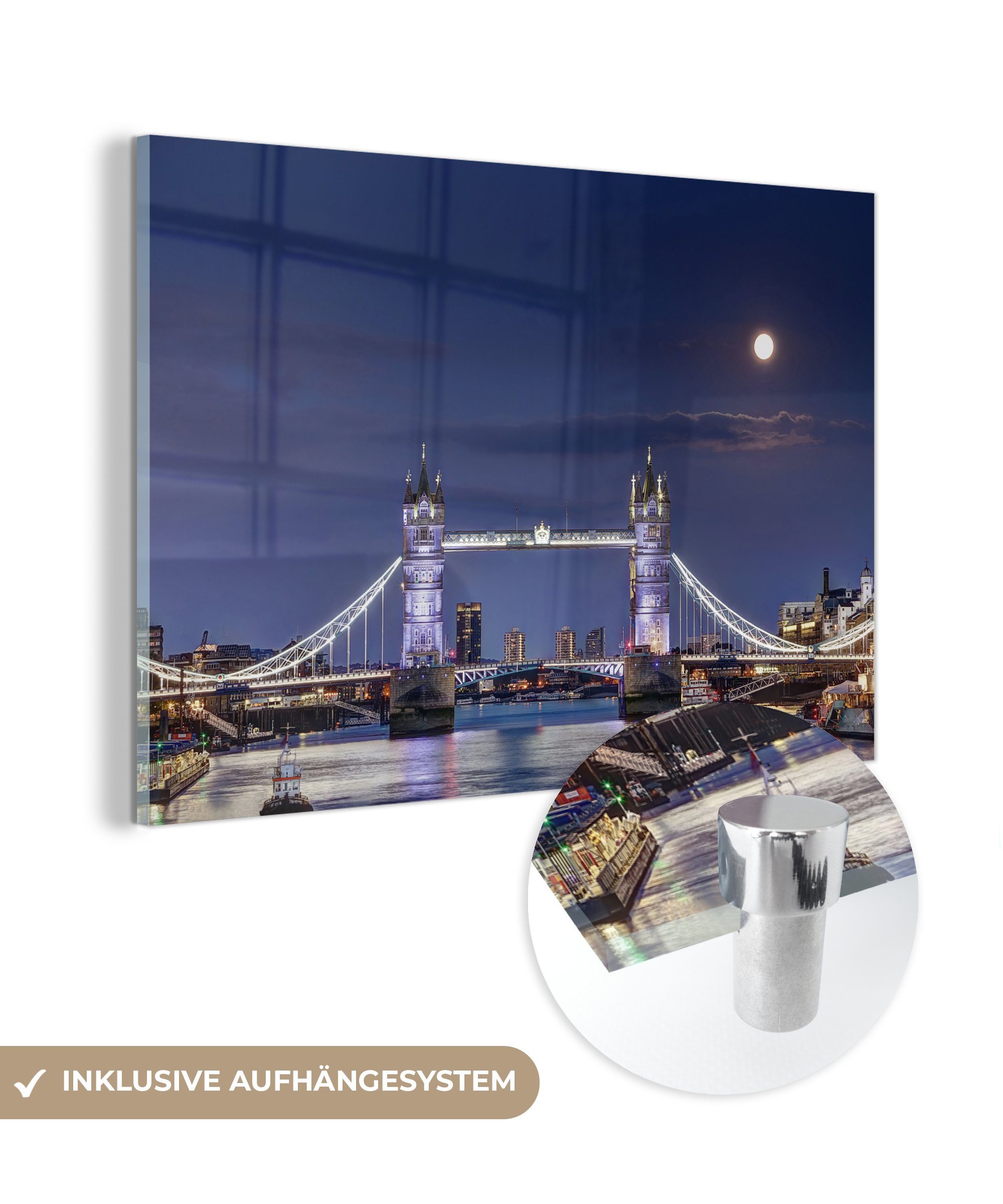 MuchoWow Acrylglasbild Die ikonische Tower Bridge bei Vollmond in England, (1 St), Acrylglasbilder Wohnzimmer & Schlafzimmer