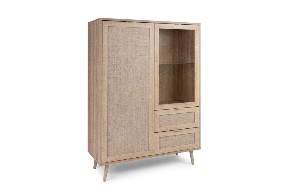 Finori Vitrine Highboard Bali, Sonoma Eiche / Rattan Optik Aufdruck