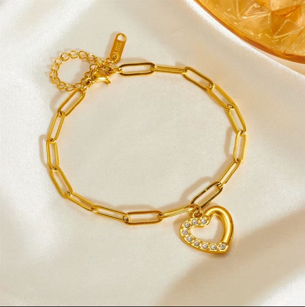 KARMA Edelstahlarmband Damen Armband Edelstahl Gliederarmband mit Herzanhänger (Edelstahldamenarmband modern, Schmuck für Frauen Damenarmband Herzarmband), Silber oder Gold filigran Armkettchen Karabinerverschluss