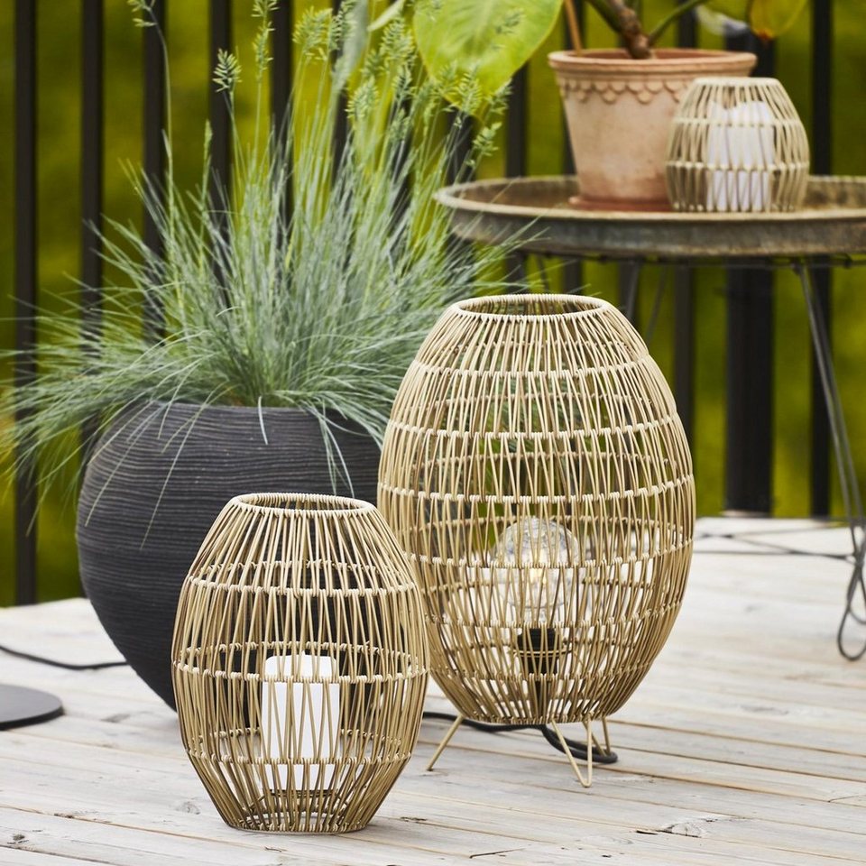 STAR TRADING LED Außen-Tischleuchte Dekoleuchte Lampenschirm Rattan H: 46cm  für E27 Fassungen Außen beige, Lampenschirm aus Rattan