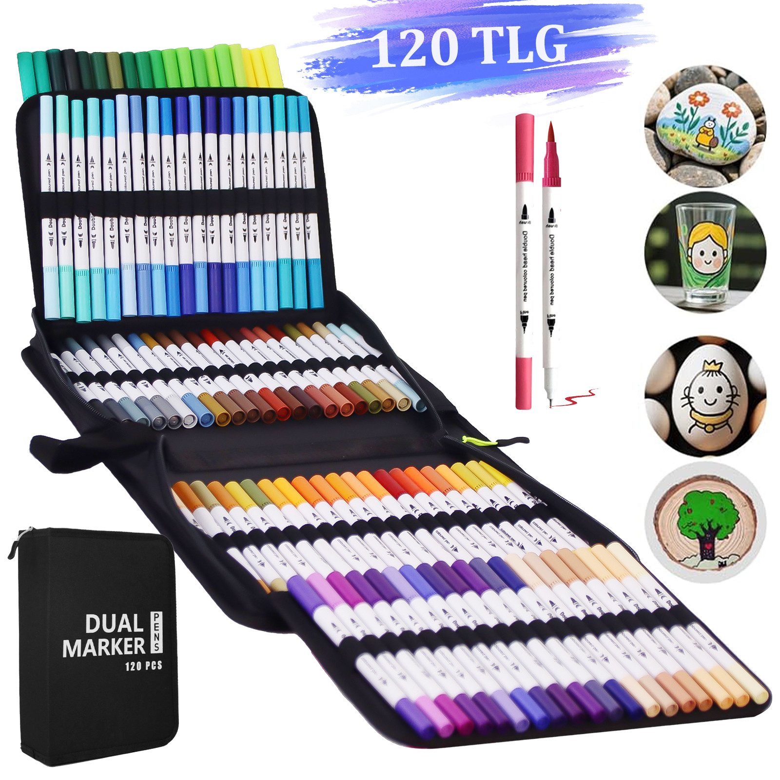 MOPUEA Filzstift 120 Farben Dual Tip Marker Stifte Lackmarker Buntstift, (Doppeltipp-Stifte mit Aufbewahrungstasche, 120-tlg), Pinselstifte Permanentmarker Filzstift, Handlettering