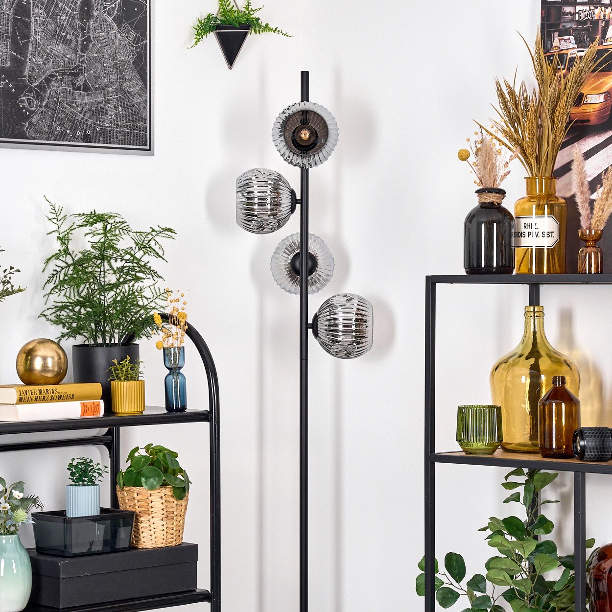 hofstein Stehlampe Stehlampe aus Metall/Riffelglas in Schwarz/Chrom-/Rauchfarben, ohne Leuchtmittel, Stehleuchte Retro/Vintage, Ø Schirme 15 cm, Fußschalter, 160 cm, E14