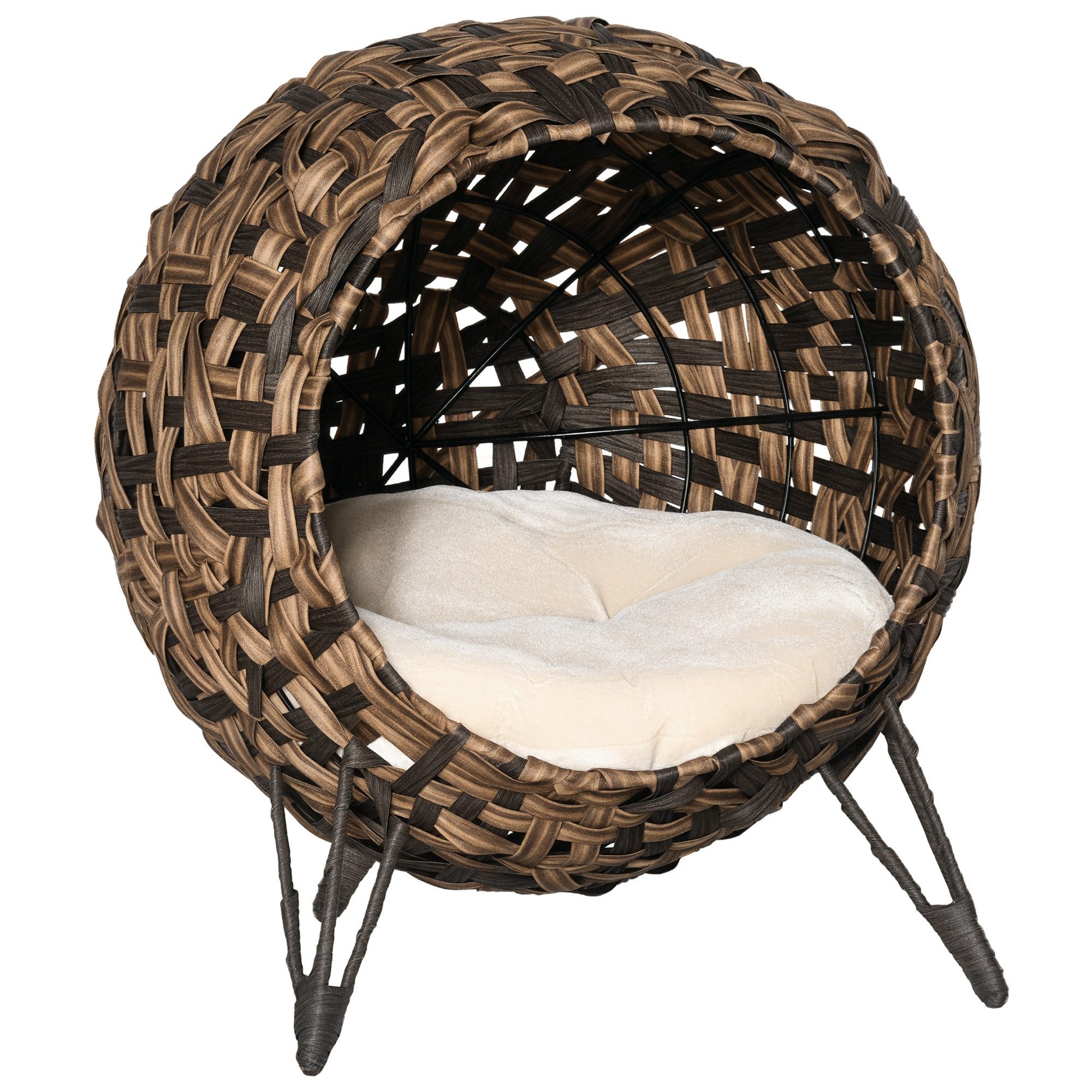 PawHut Tierhaus Katzenhöhle aus PE-Rattan mit Kissen, erhöhten Füßen PE-Rattan, für Katzen, Braun