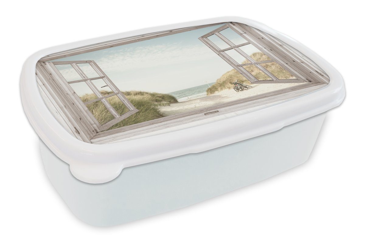 MuchoWow Lunchbox Aussicht - Strand - Fahrrad, Kunststoff, (2-tlg), Brotbox für Kinder und Erwachsene, Brotdose, für Jungs und Mädchen weiß