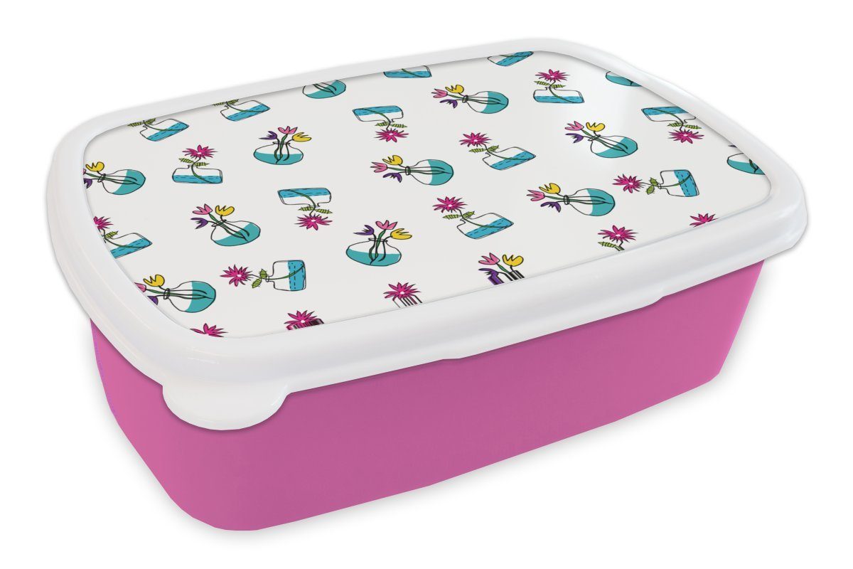 MuchoWow Lunchbox Blumen - Muster - Frühling, Kunststoff, (2-tlg), Brotbox für Erwachsene, Brotdose Kinder, Snackbox, Mädchen, Kunststoff rosa