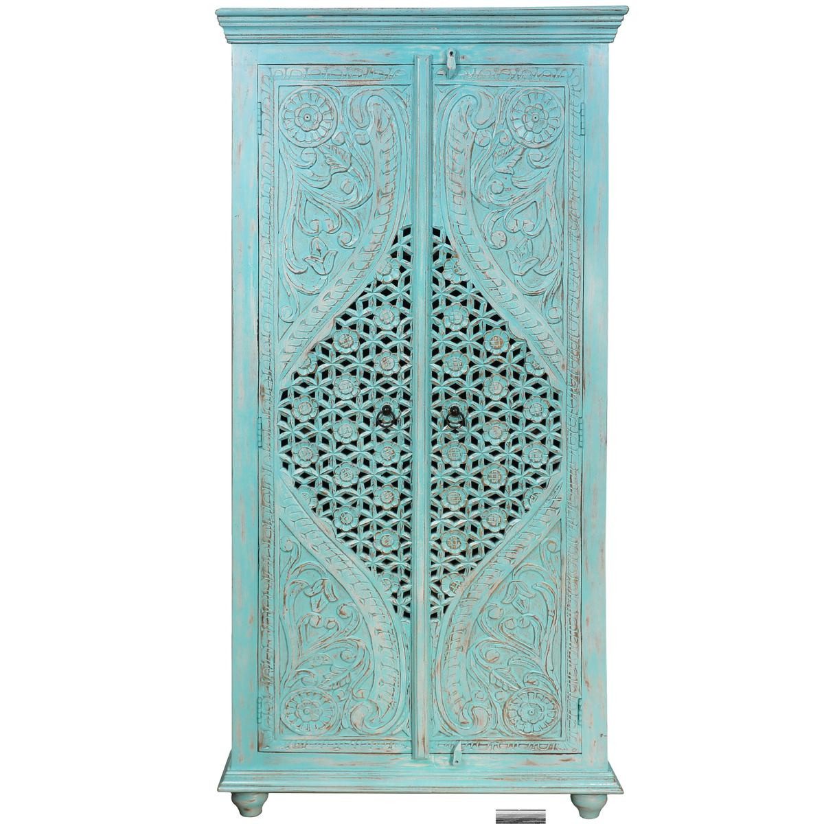 Oriental Galerie Mehrzweckschrank Türkiser Schrank Gauri Indien 190cm Wohnzimmerschrank, Orientalische Möbel, Eingangsbereich, Flurschrank