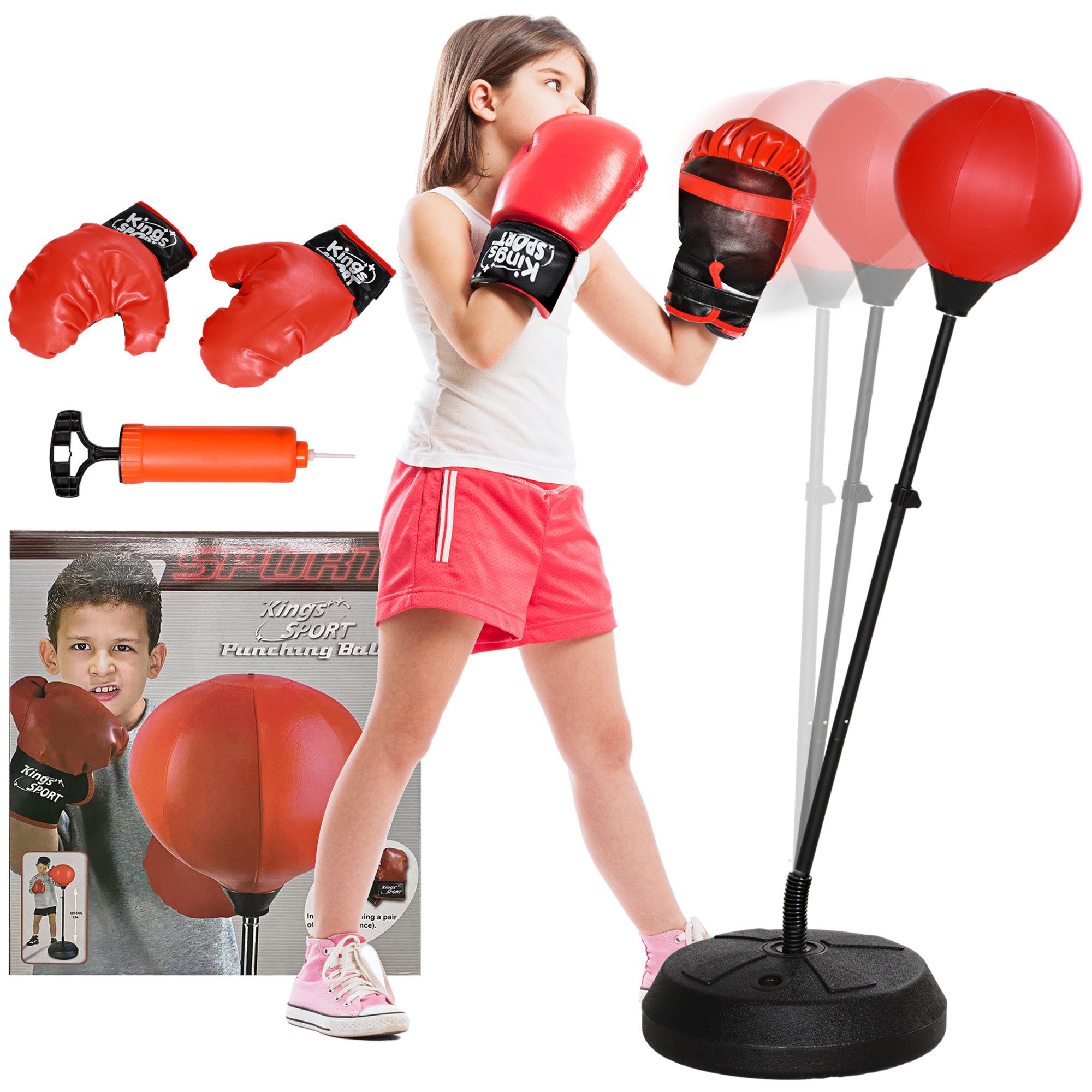 AIYAPLAY Punchingball mit Boxhandschuhen, 122,5-147 cm höhenverstellbar (Box-Set mit Ständer, 1-tlg., Boxstand), für Jungen & Mädchen, Stahl, Rot