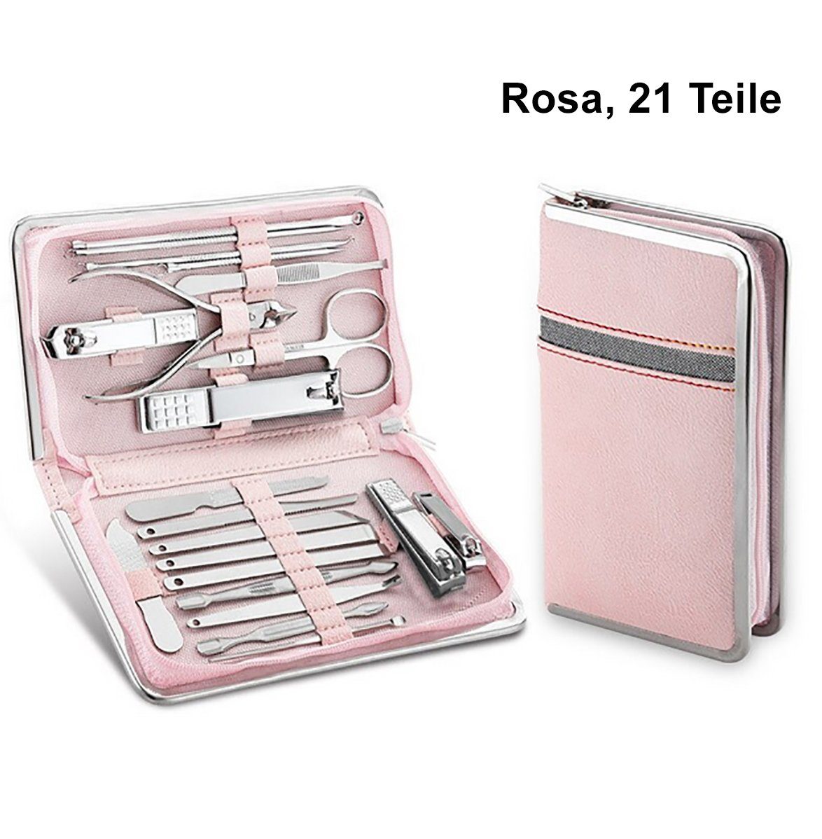 TPFBeauty Maniküre-Pediküre-Set Nagel Set mit Aufbewahrungs-Etui, 21-tlg., Nagelschere, Nagelknipser, Pinzette uvm., Edelstahl Maniküre Set Pediküre Set - Rosa