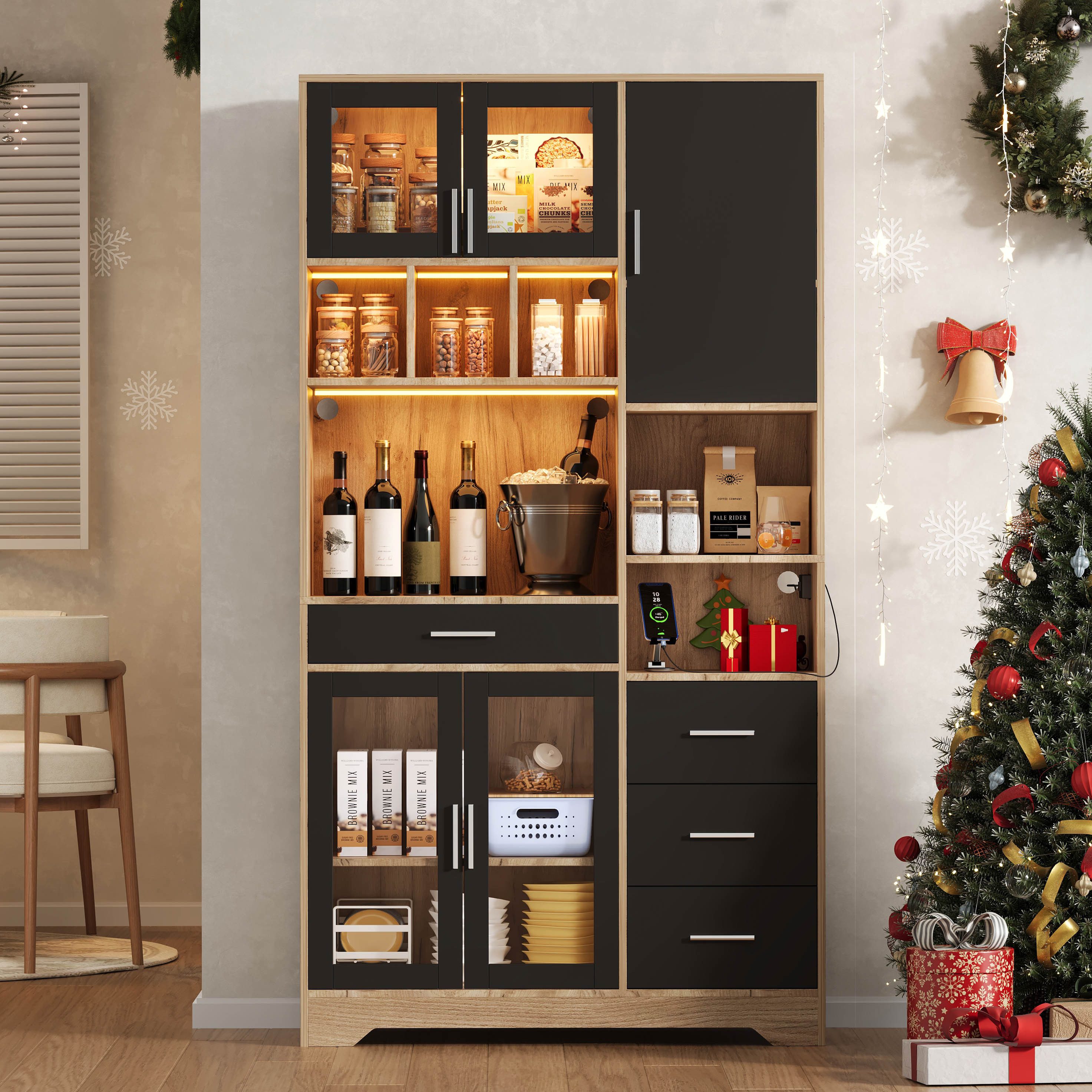 Ulife Küchenbuffet Küchenregal Bauernhaus-Stil 185x100x40 cm, mit Steckdose & LED (1-St) Vitrinenschrank, verstellbare Regale, farbwechselnde LEDs.