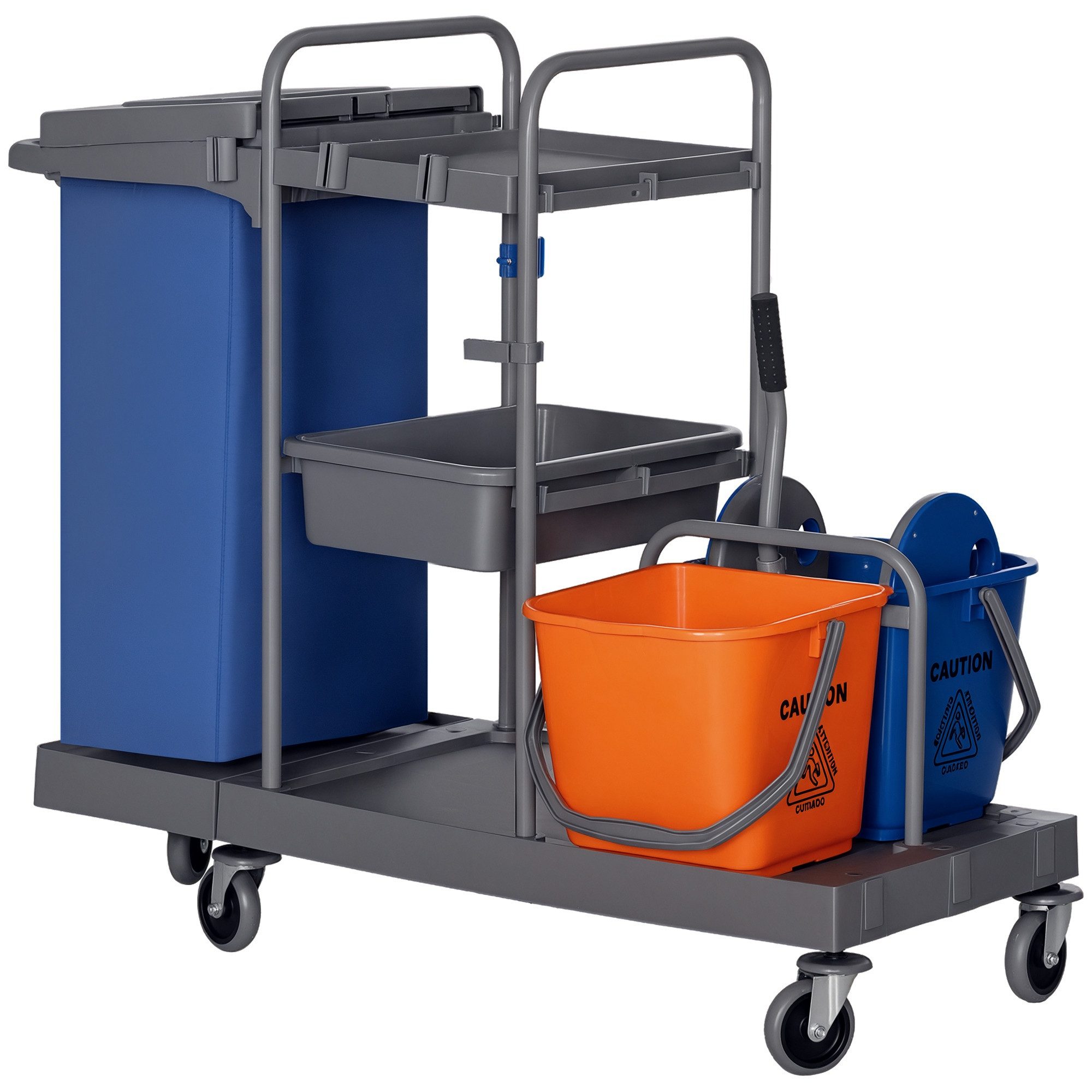 HOMCOM Putzeimer Reinigungswagen mit 3 Ebenen, 2x18L Eimer, Abfallsack, (Systemwagen, 1-tlg., Reinigungswagen mit Eimern und Abfallsack), Mit Auswringer und großem Abfallsack