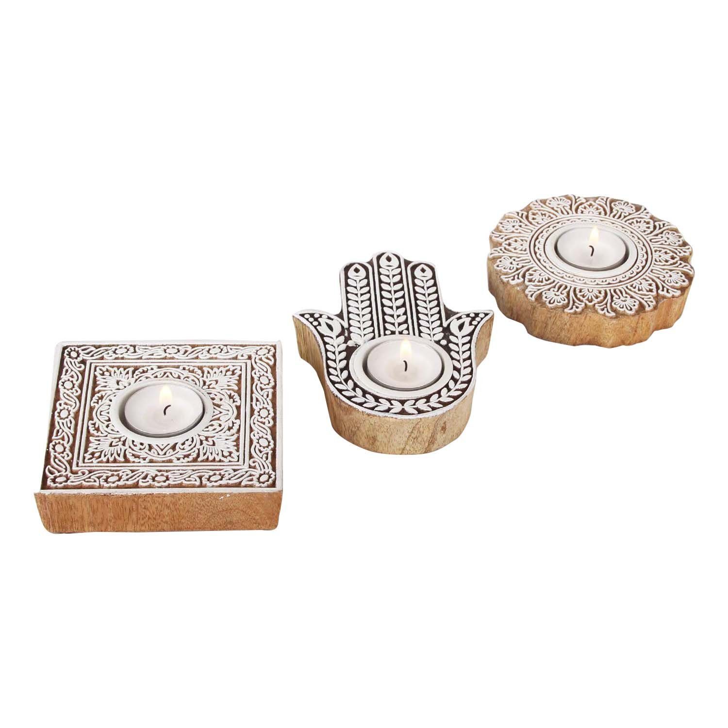 Teelichthalter 3 Echtholz Teelichthalter St., Handbemalt Orientalische 3-teilig), Casa Moro handgeschnitzt Sahra (Set, aus