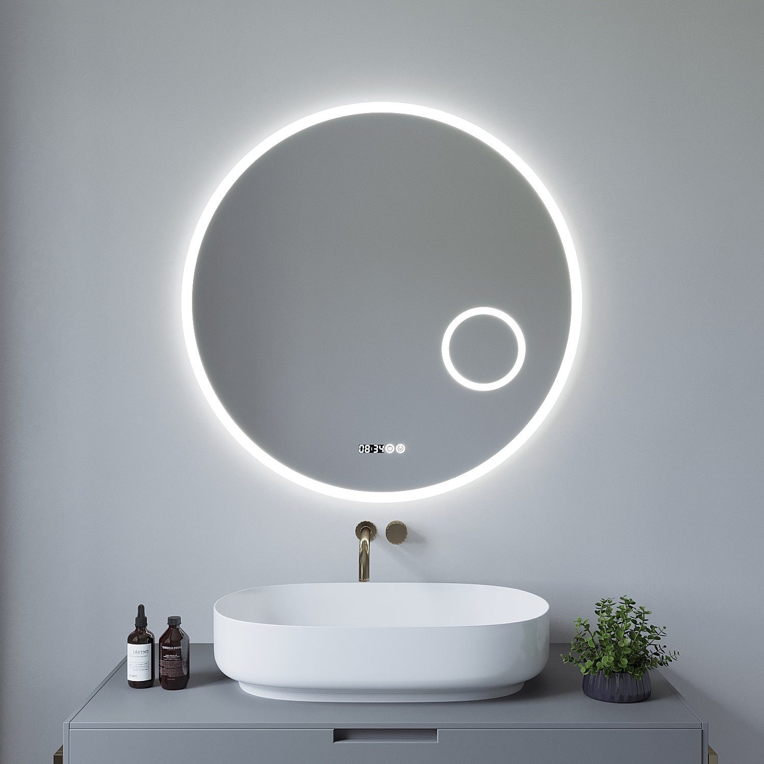 Lichtspiegel Bad Badspiegel Beleuchtung AQUABATOS Wandspiegel badezimmerspiegel, mit rund 3-fach-Vergrößerung,Kaltweiß,dimmbar,Digitaluhr,beschlagfrei