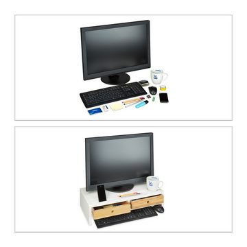relaxdays Monitorständer Bambus 2 Schubladen weiß Monitor-Halterung