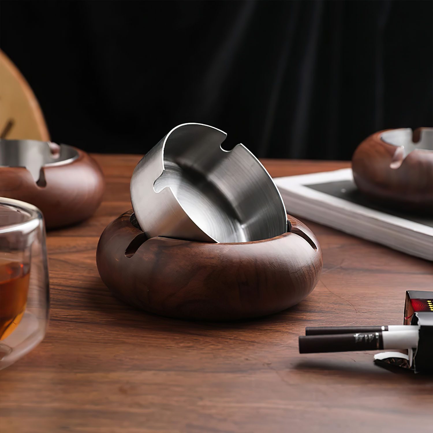 HEYHIPPO Aschenbecher Aschenbecher aus schwarzem Walnussholz,doppellagiges Zigarettentablett, Aschenbecher für den Außenbereich,tragbares Tischtablett aus Edelstahl