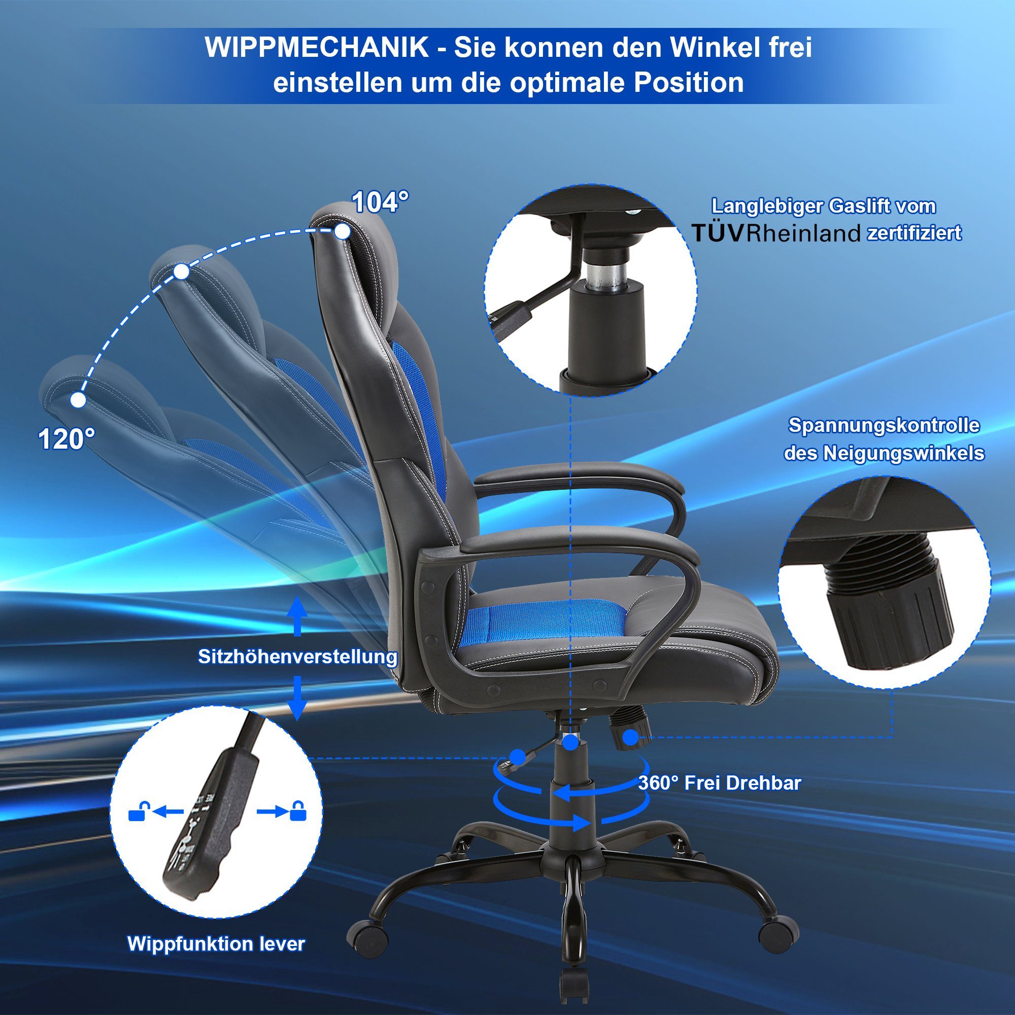 Wippfunktion Schwarz Schwarz ergonomisch Stuhl Bürostuhl bürostuhl, Gaming und Zedelmaier Schreibtischstuhl Drehstuhl, mit chefsessel Blau blau höhenverstellbar mit