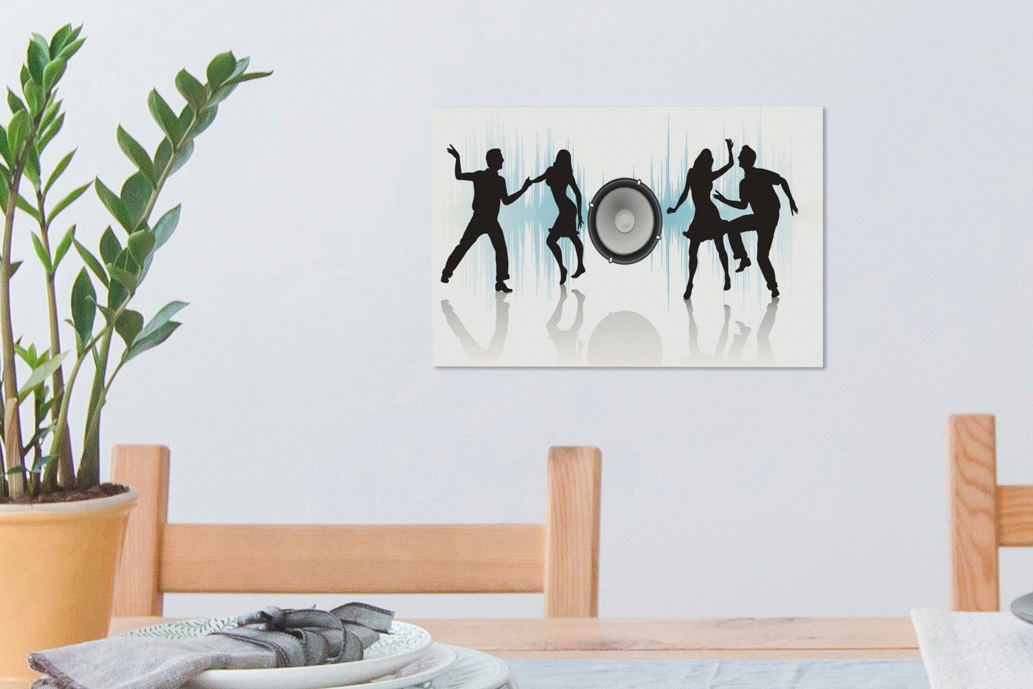 Schachtel, von tanzenden mit OneMillionCanvasses® Wandbild Leinwandbild (1 einer Eine Menschen St), 30x20 Illustration Leinwandbilder, Wanddeko, cm Aufhängefertig,