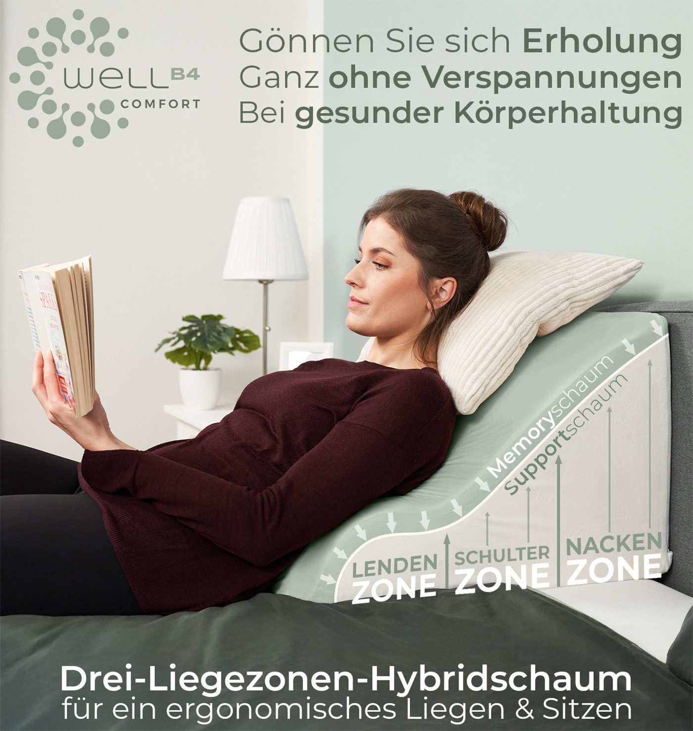 Well B4 Keilkissen Lesekissen für Bett und Sofa – Bequemes Rückenkissen mit Memory Foam, Verwendbar als Reflux Kissen, Keilkissen Bett, Bettkissen Rückenlehne im Sitzen und Liegen