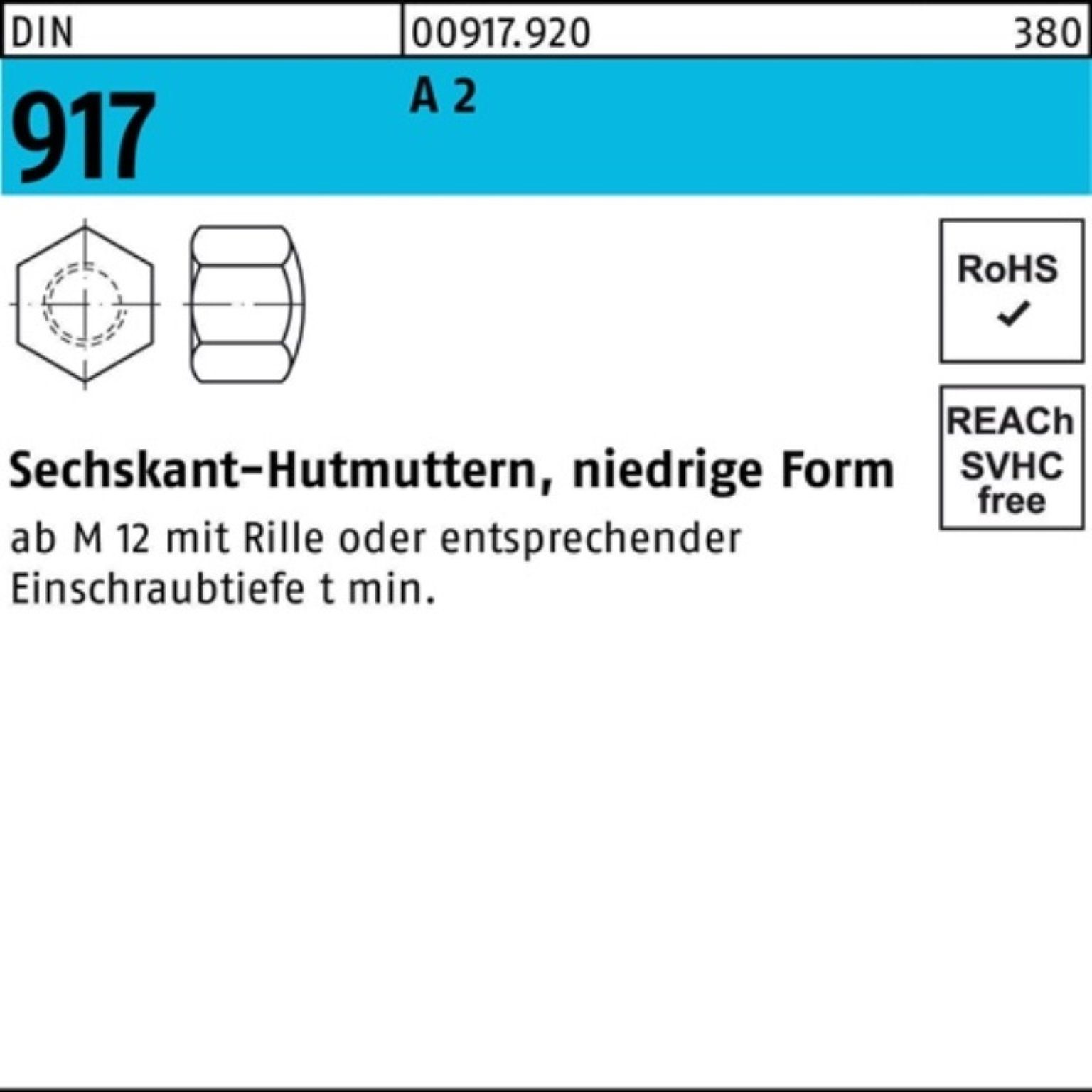 Reyher Hutmutter 200er Pack Sechskanthutmutter DIN 917 niedrige FormM12 SW 19 A 2 200 S