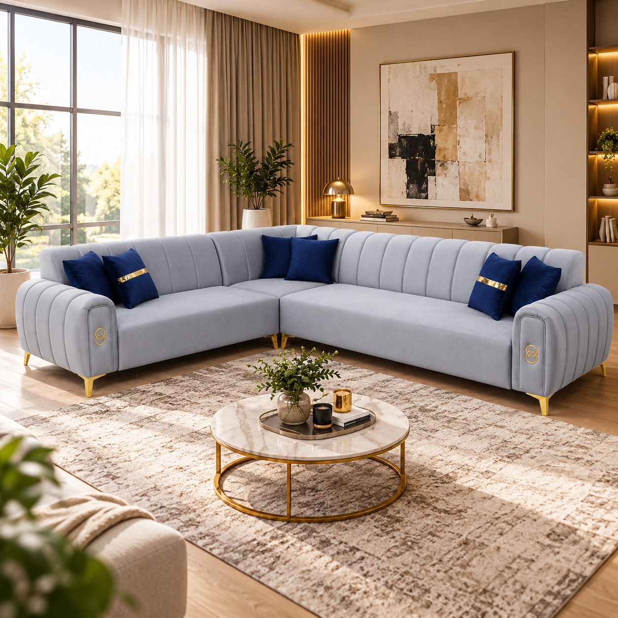 Polsterei Marya Ecksofa Handgefertigtes Premium L-Form 245 × 295 cm, Handgefertigte Wohnlandschaft, hochwertiger Komfort, Hellgrau & Gold