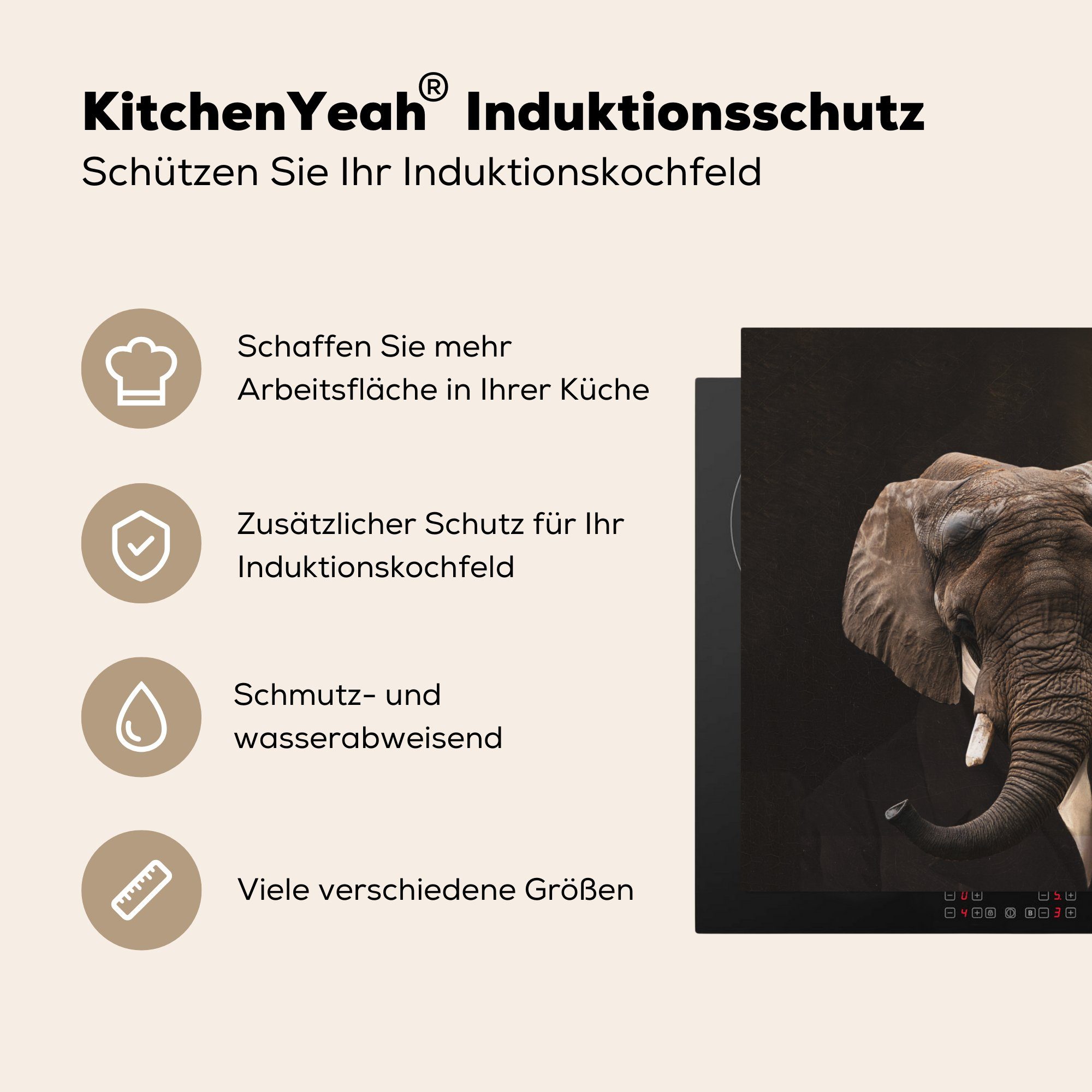 küche für tlg), Kunst, (1 - Porträt - Vinyl, cm, Arbeitsplatte MuchoWow Herdblende-/Abdeckplatte Ceranfeldabdeckung, Elefant 78x78