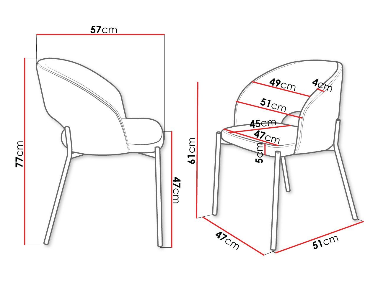 Stück), cm (2 Stuhl K373 Beine MIRJAN24 aus Metall, 57x51x77