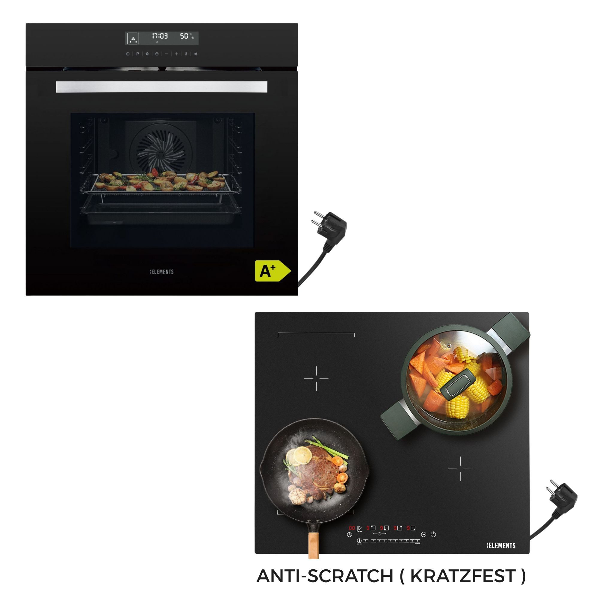 KB Elements Induktions Herd-Set KB ELEMENTS Herdset Backofen 60cm, Kratzfestes Induktionskochfeld 60cm, mit 2-fach-Teleskopauszug, AQUA CLEAN, Backofen Full Touch mit 15 Funktionen, Kratzfestes Induktionskochfeld