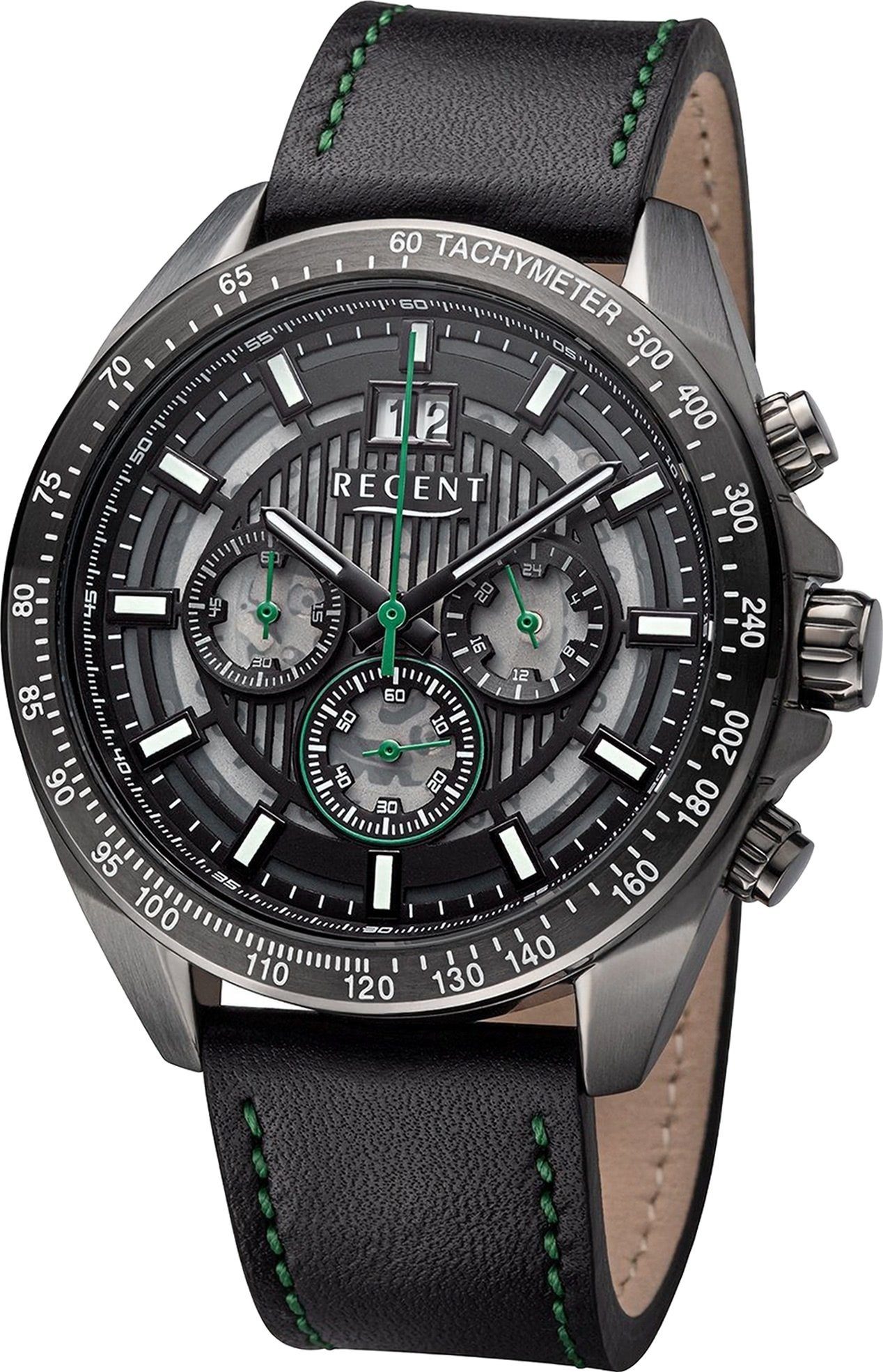 Quarzuhr schwarz, Herren rundes Regent groß Herrenuhr grün, Gehäuse, Regent Lederarmband 46mm) Armbanduhr (ca. Analog,