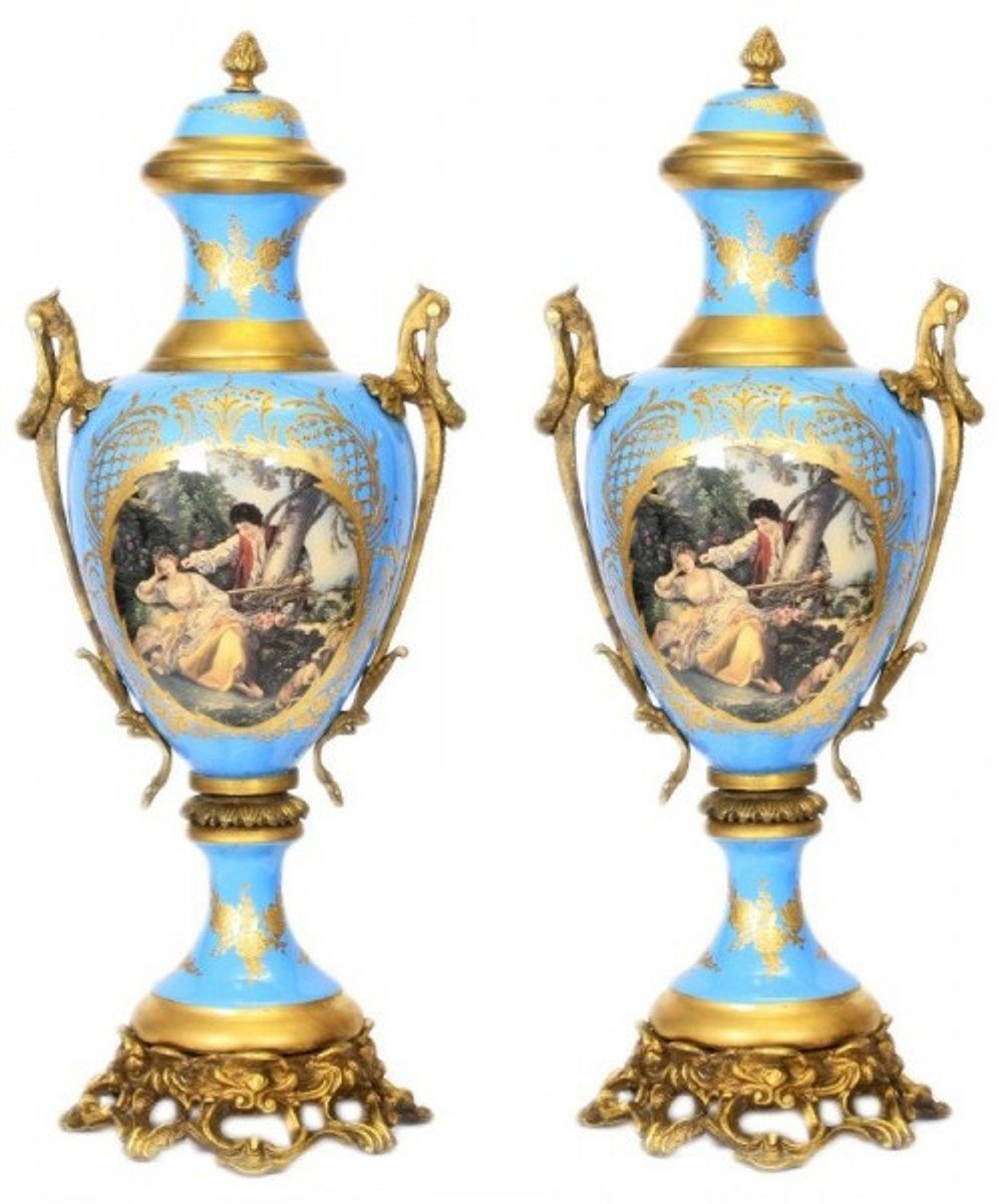 Casa Padrino Dekoobjekt Barock Porzellan Pokal Set Hellblau / Gold B26 H63 cm (2 Stück) - Grand Decor - Hotel Dekoration