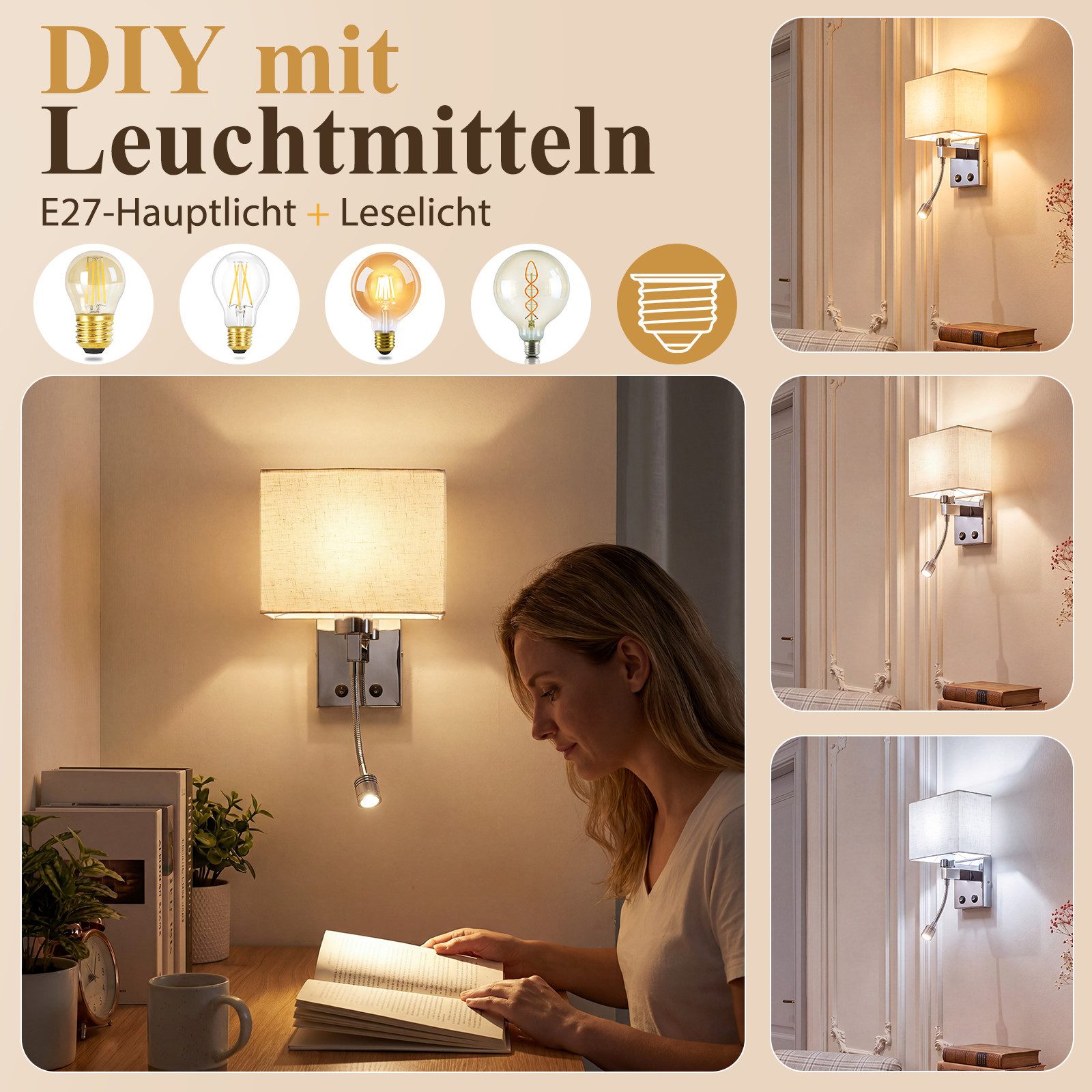 ZMH Wandleuchte Innenwandleuchte mit USB-Ladeanschluss und 2-Watt-Leseleuchte, ohne Leuchtmittel, Beinhaltet einen USB-Ladeanschluss und eine 2-Watt-Leseleuchte.