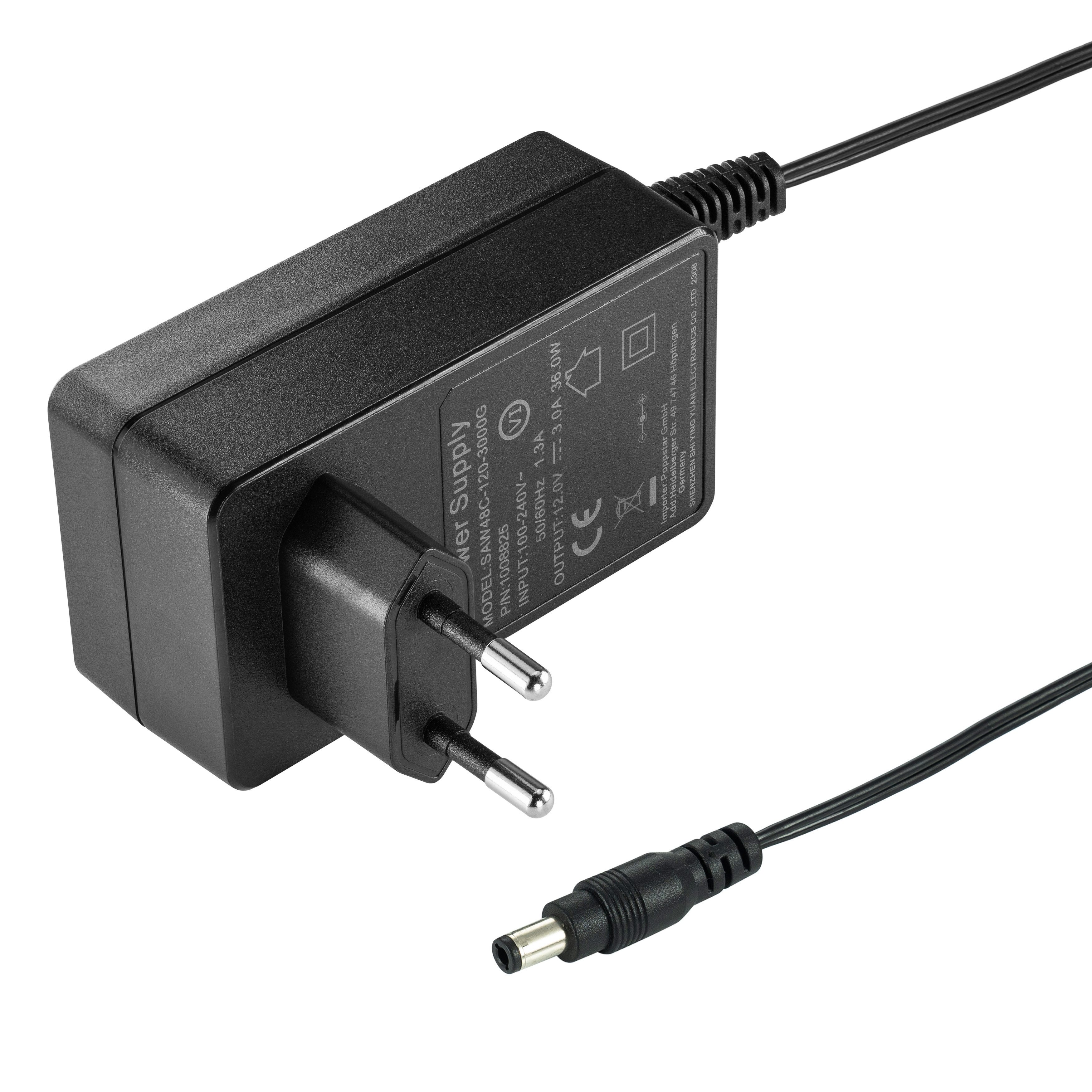 Poppstar Steckernetzteil AC DC 12V 3A (5,5/2,5mm Stecker) Stromadapter Universal-Netzteil (Adapter für externe Festplatten-Gehäuse, Dockingstation uvm., 150cm)